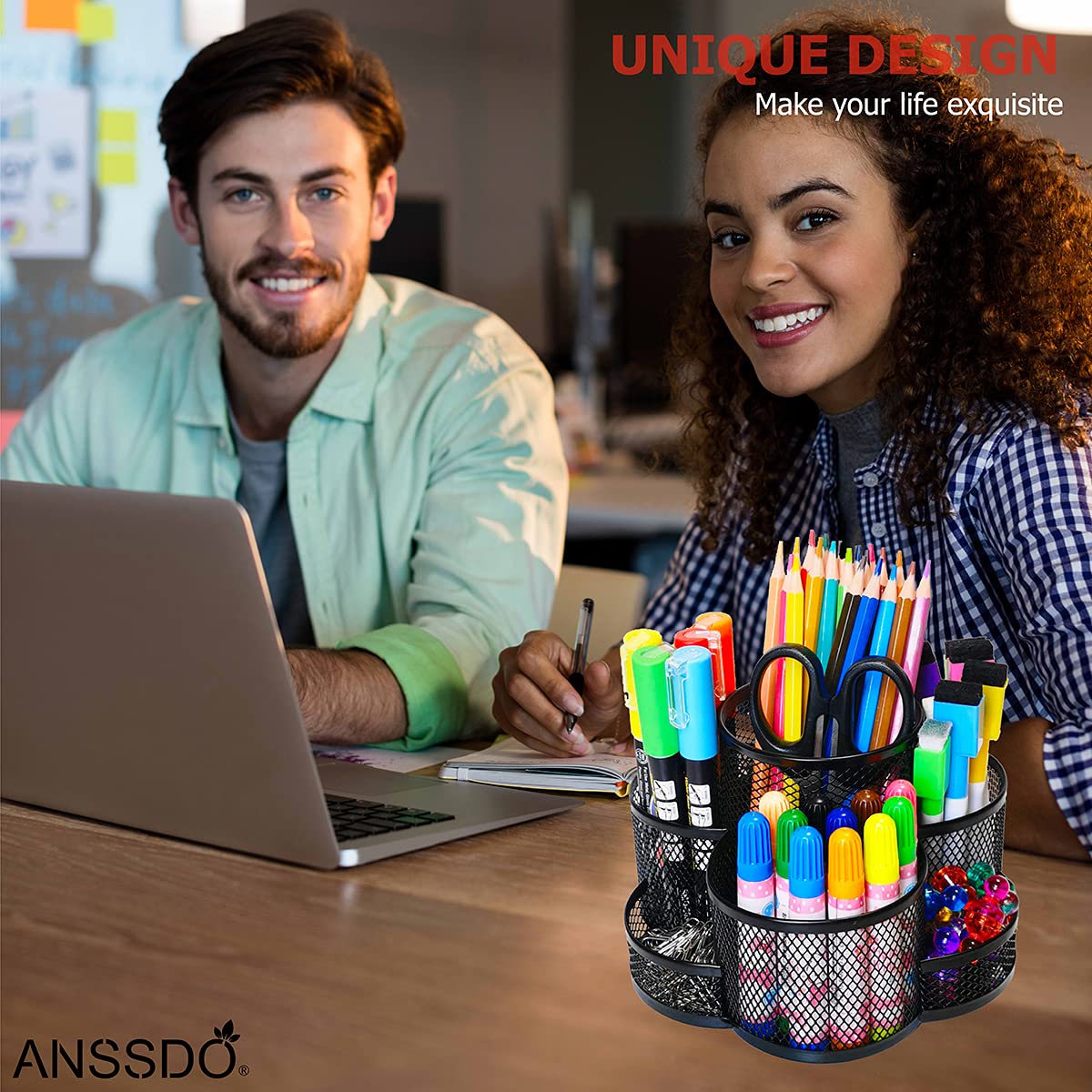 ZIBUYU Desk Organizer for Office and Study Table Stationary Organizer Pen Stand Mesh Holder 7 Compartments Round 360-Degree Desk Small Item Storage Box Study Table & Office Accessories for Desk - 1