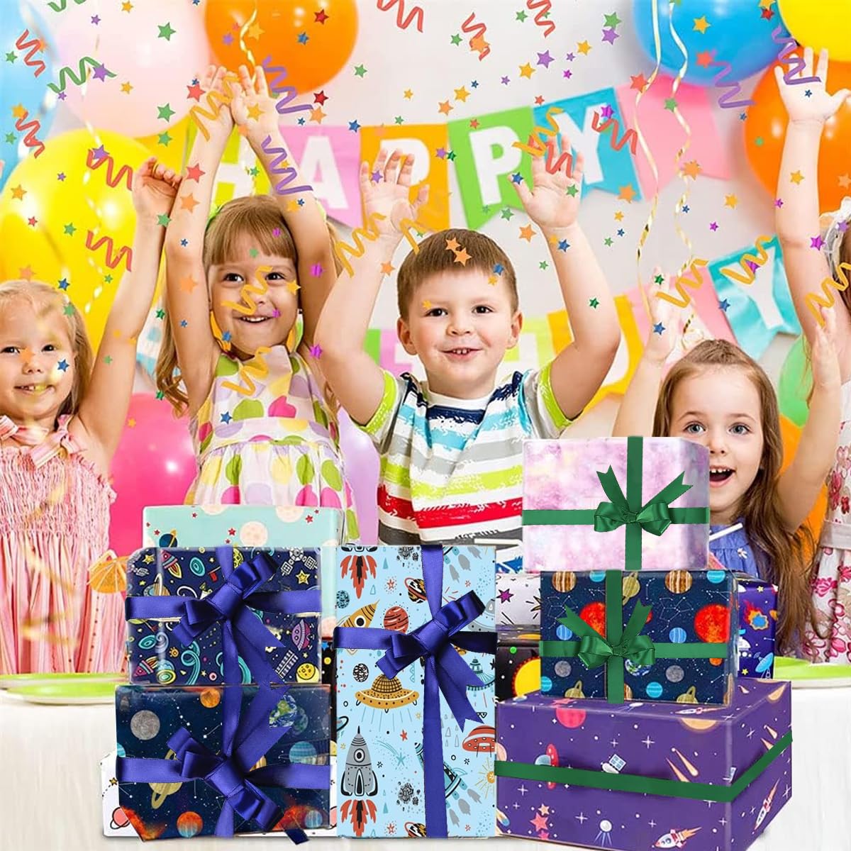 HASTHIP 6 Sheets Birthday Wrapping Paper for Kids Girls Boys Women Men, Outer Space Design Wrapping Paper, Gift Wrapping Paper Set for Birthday Party Holiday DIY Crafts Supplies, 27.6 x 19.7 Inch