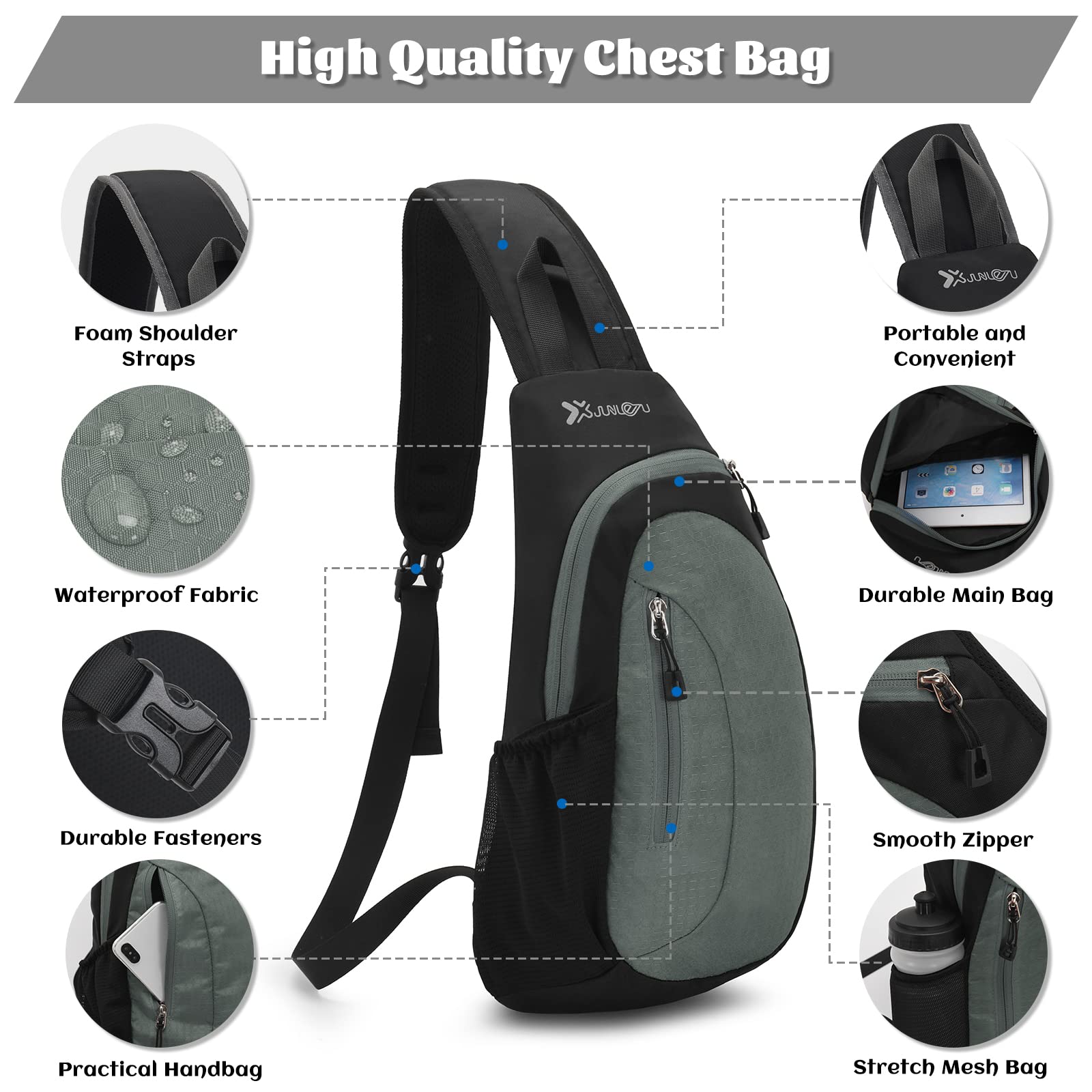 GUSTAVE Sling Bag for Men Waterproof Nylon Crossbody Bag Fashion Unisex Side Bag with Handle & Adjustable Strap, Convenient Chest Bag for Commuting, Travel, Outdoor Activities, Cycling(Grey)