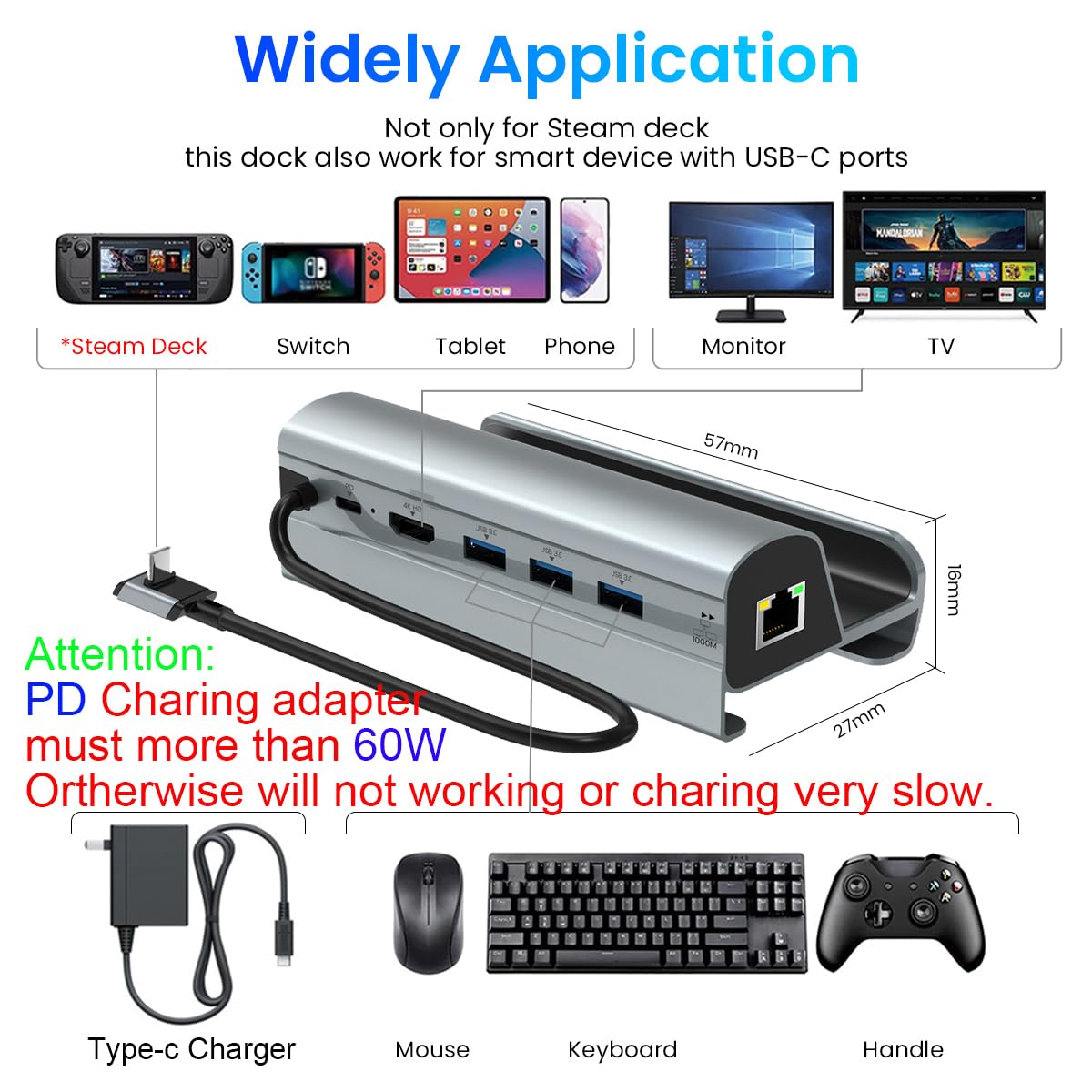 Verilux Multipurpose Gaming Steam Deck Steam Dock Station 6 in 1 Steam Dock USB Hub with HDMI 2.0 4K@30Hz, Gigabit Ethernet, USB Port for Charging, Data Transfer