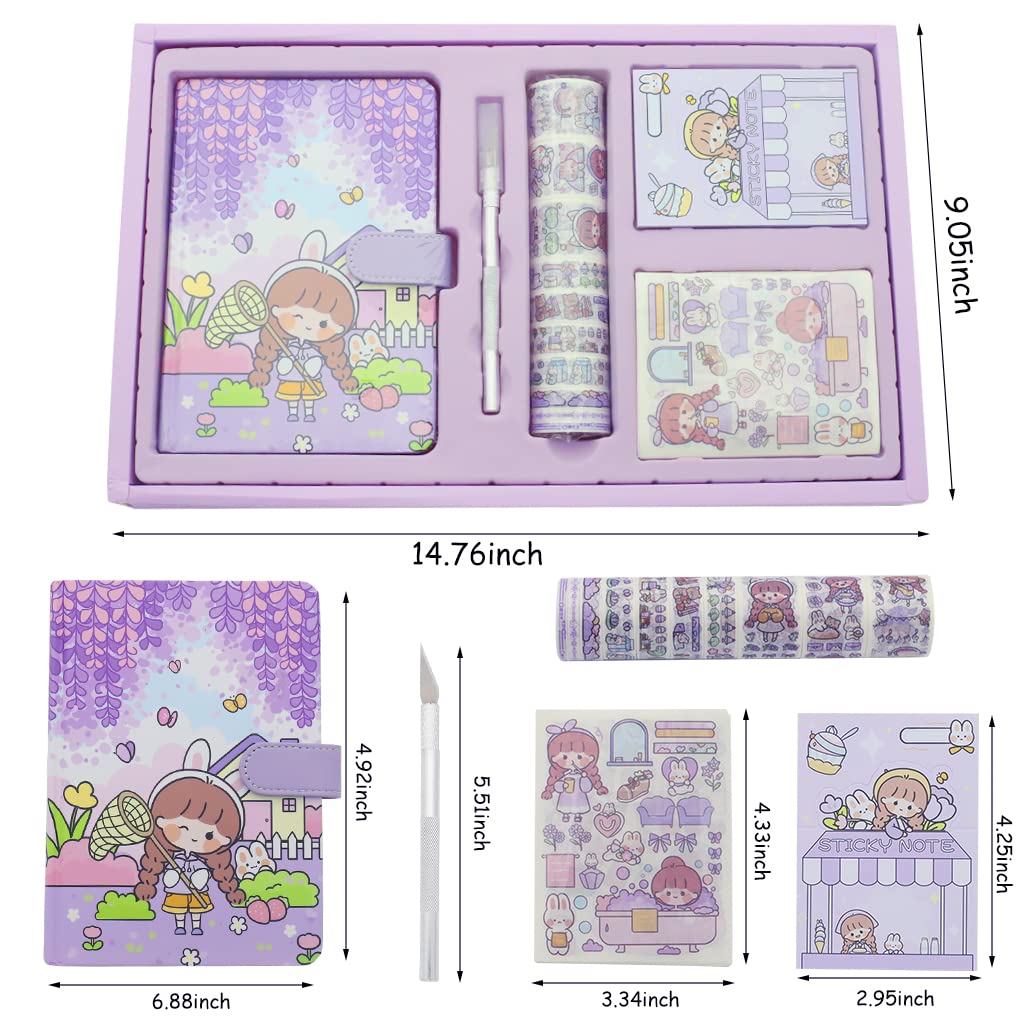 HASTHIP Cartoon Scrapbook Kit Gift Set Cute Theme Notebook Washi Tape Stickers Set Aesthetic Decorative Sticker Set for Bullet Journal, Scrapbook,Junk Journal, Paper