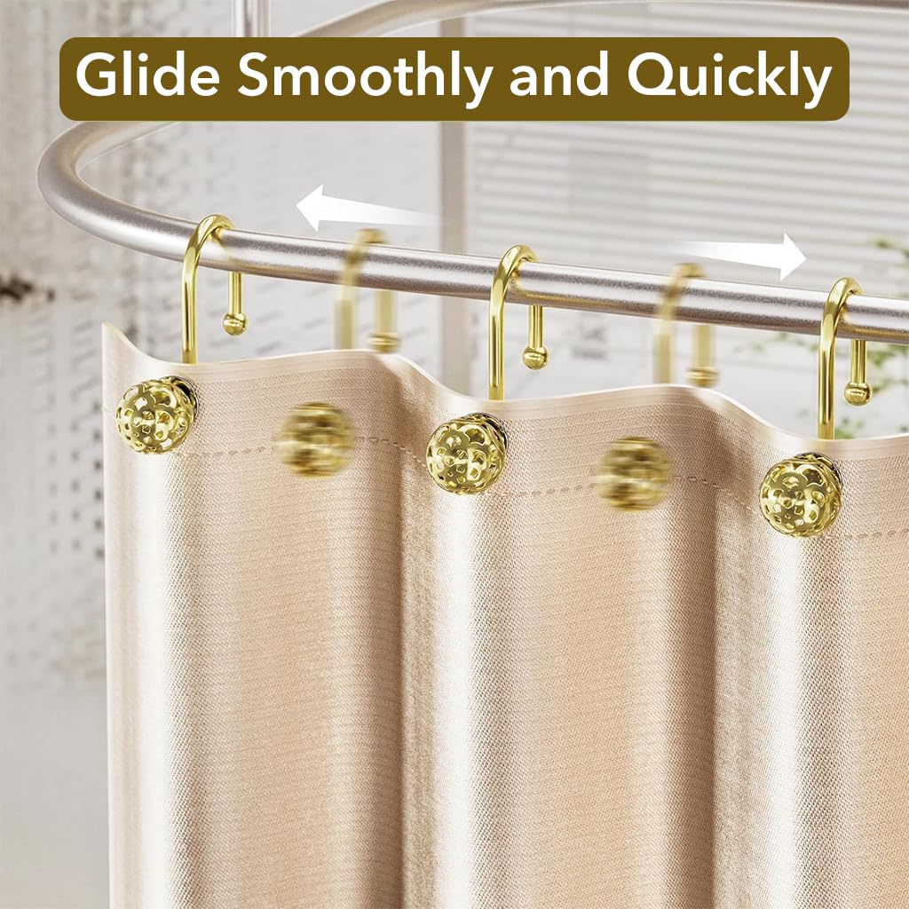 HASTHIP 12Pcs Bathroom Shower Curtain Hooks Modern Golden Hollow Out Ball Shower Curtain Hooks for Home Decor Open Hanging Shower Curtain Hooks Universal Bathroom Shower Curtain Hooks