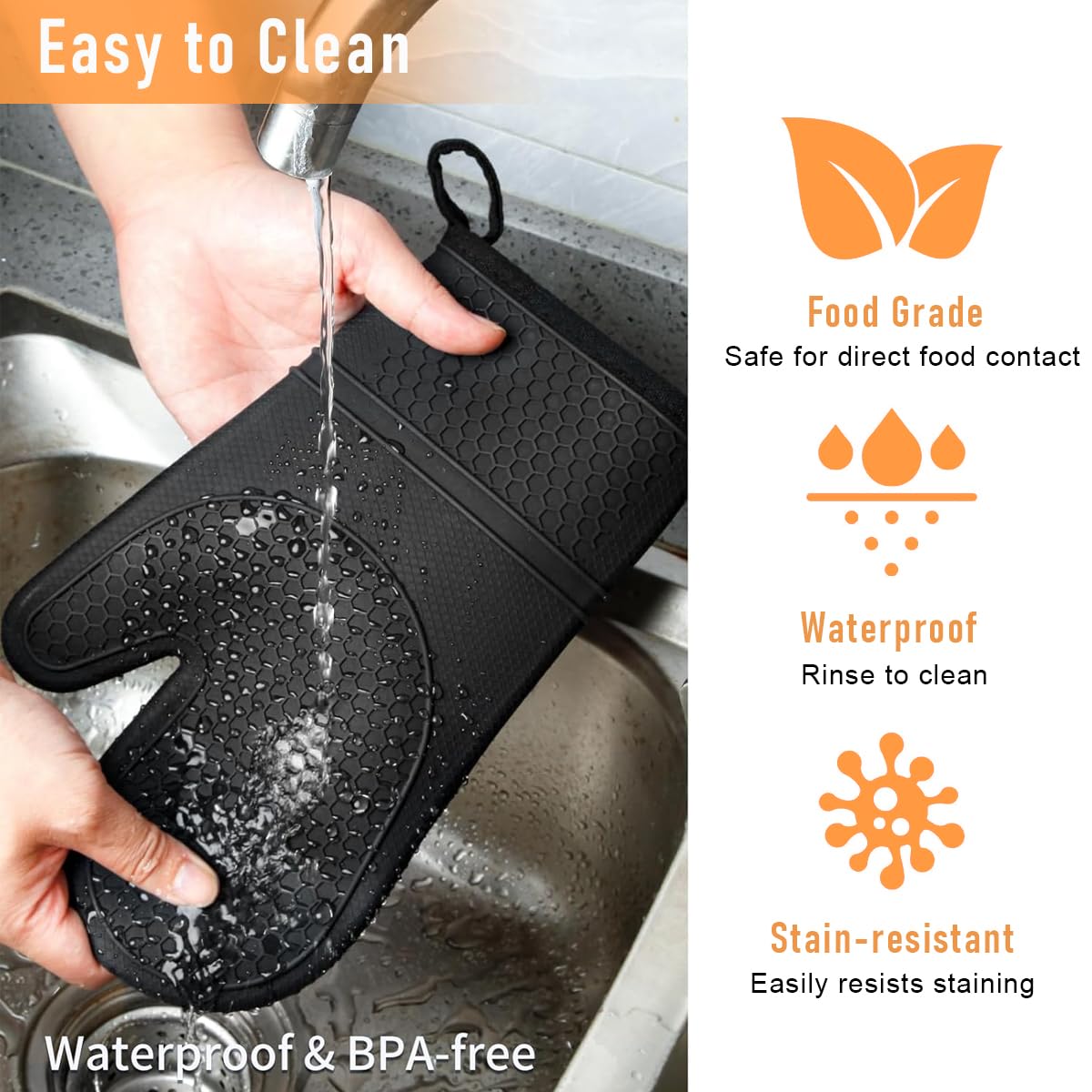 HASTHIP 1 Pair Oven Mitts Black Silicone Thermal Oven Mitts with Thicken Cotton Lining Insulation Oven Mitts Anti-Slip Palm Texture Design Kitchen Waterproof Oven Mitts with Hanging Loop