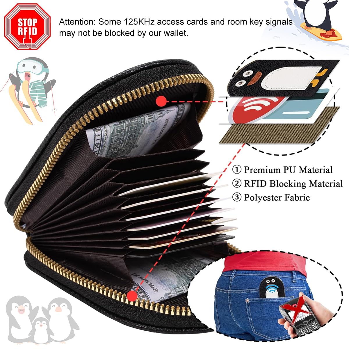 PALAY Girls Card Bag Travel Card Holder with 10 Compartments Wallet Organizer Bag Zipper Pouch PU Cartoon Penguin Zipper Card Bag RFID Blocking Travel Card Holder