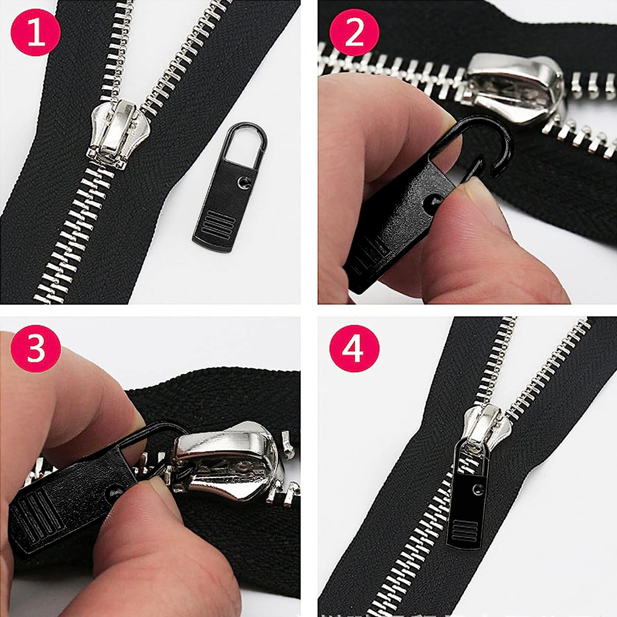HASTHIP 10pcs Zipper Pulls Tabs Replacement, Detachable Metal Zipper Pull, Quick Release Black Zipper Puller Repair Kit for Jackets Jeans Boots Backpacks Suitcases Purses