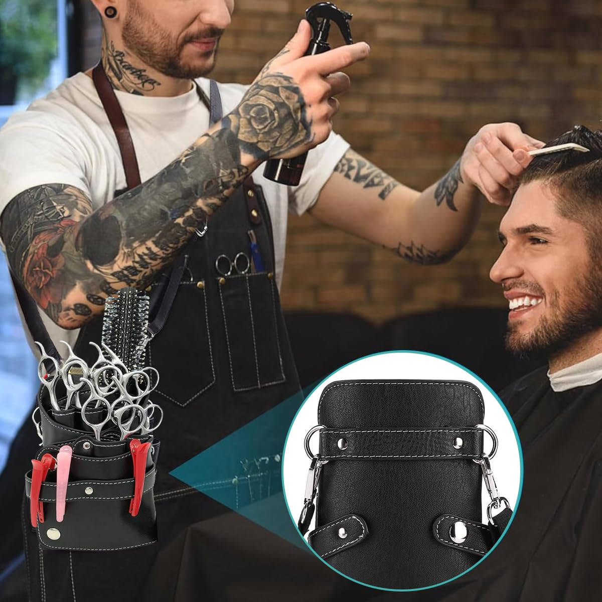 HANNEA Hairdresser Scissor Bag, PU Leather Barber Waist Bag Crossbody Bag, Hairdressing Scissor Holster with Adjustable Waist Belt, Hair Salon Scissor Storage Waist Bag for Scissors, Tools, Clips