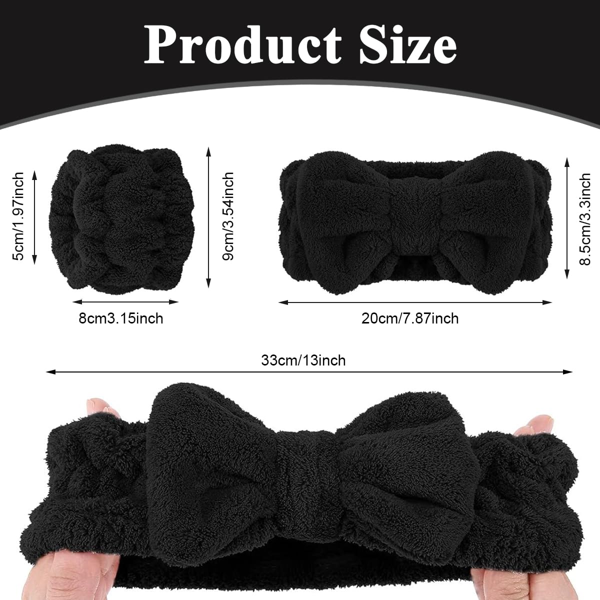 MAYCREATE Facial Headband for Women Skincare Spa Headband & Wrist Bands 3pcs Combo, Large Bow Face Wash Band Hairband, Flannel Hair Band for Makeup Sweat Wristband for Yoga, Fitness - Black