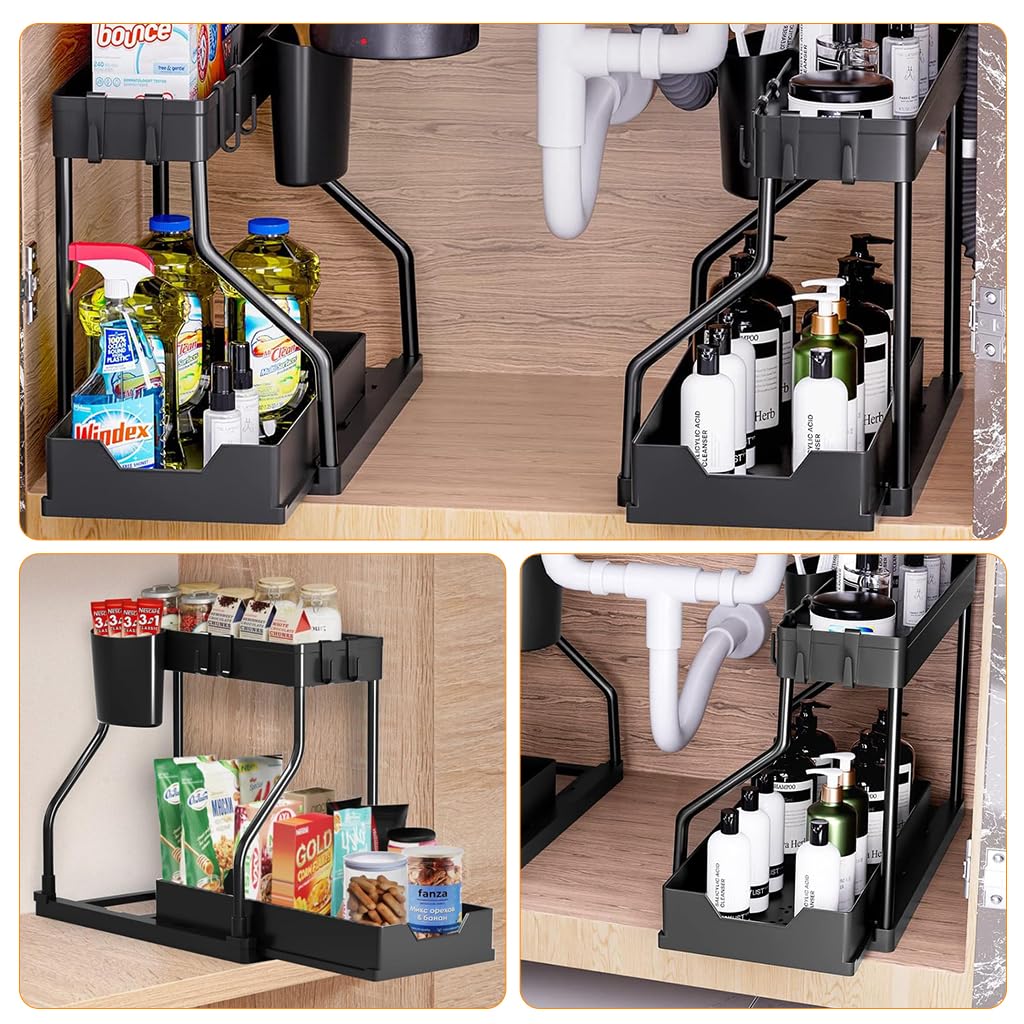 HASTHIP Double Layer Kitchen Organizer with Sliding Drawer Rack, Removable Cutlery Holder, Utility Hooks, and Seasoning Jar Storage, Space-Saving Under Sink Organizer for Small Kitchens (Black)