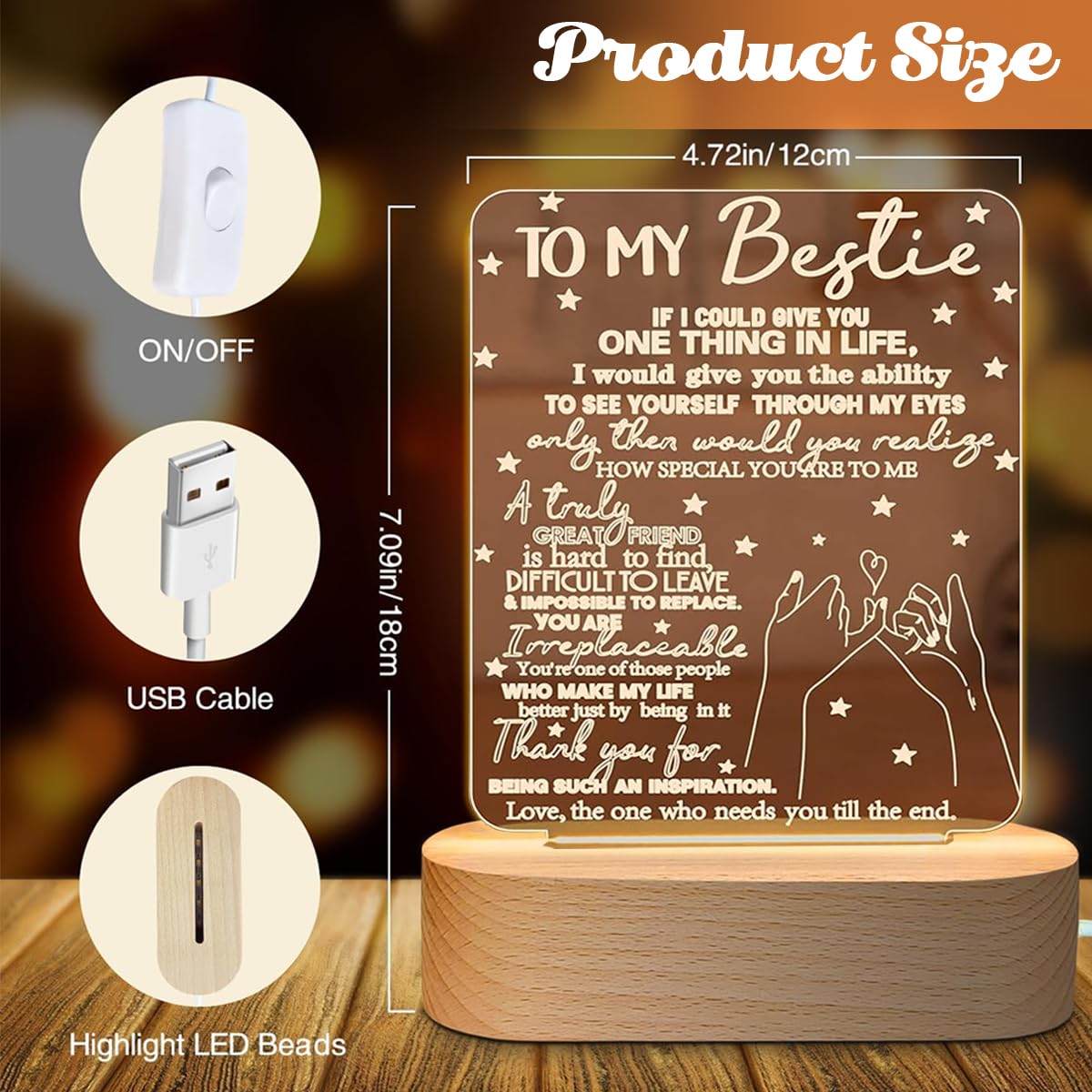 ELEPHANTBOAT LED Acrylic Night Light Board with Wooden Base, 'To My Bestie' Friendship Gift, 3D Illusion Lamp I Love You Friends Night Light for Best Friend Sister Girls Birthday Friendship Gift