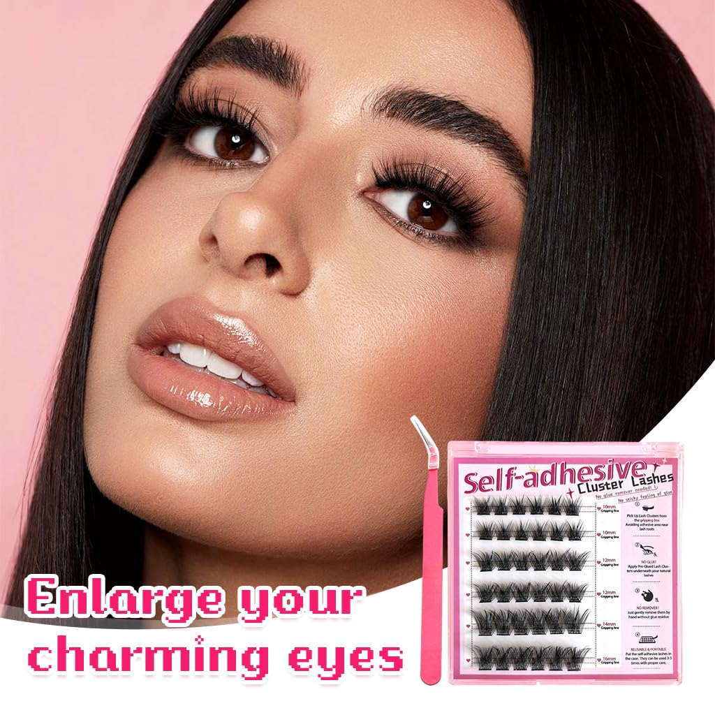 MAYCREATE 36Pcs Eyelash Clusters with Tweezer Self Adhesive Fluffy Eye Lash Clusters Party Look Press & Go Cluster Lashes No Glue Needed DIY Lash Extensions Curl Natural Pre-glued Strip Lashes
