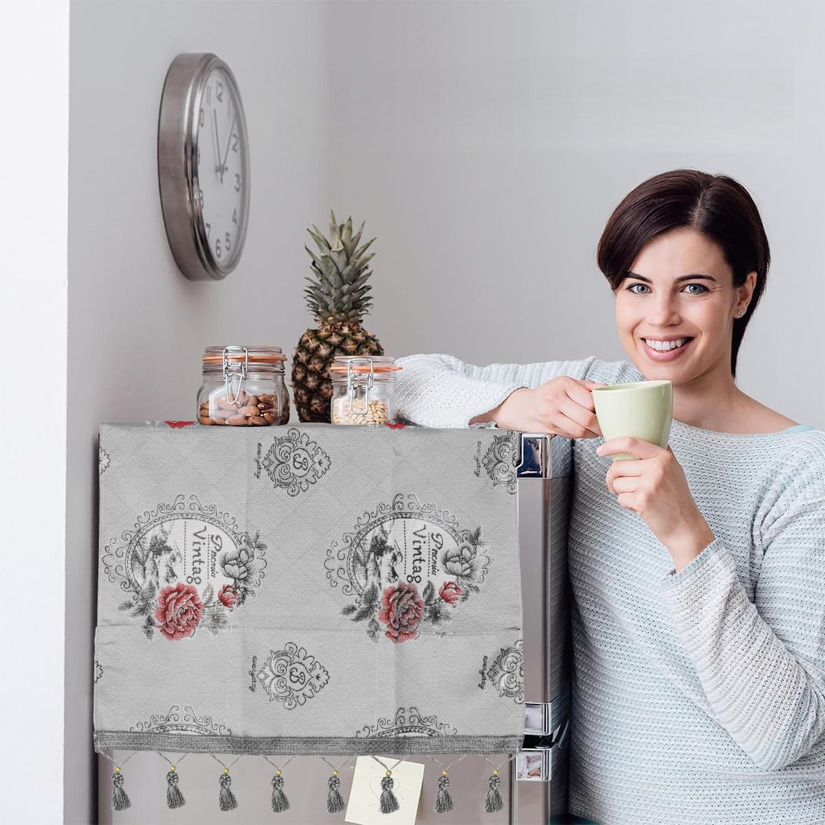 HASTHIP 1Pcs Fridge Cover Floral Tassel Print Refrigerator Dust Cover with Pockets, 26.3x55 Inches Polyester Dust Cover Kitchen Refrigerator Cover for Side-by-Side Refrigerator