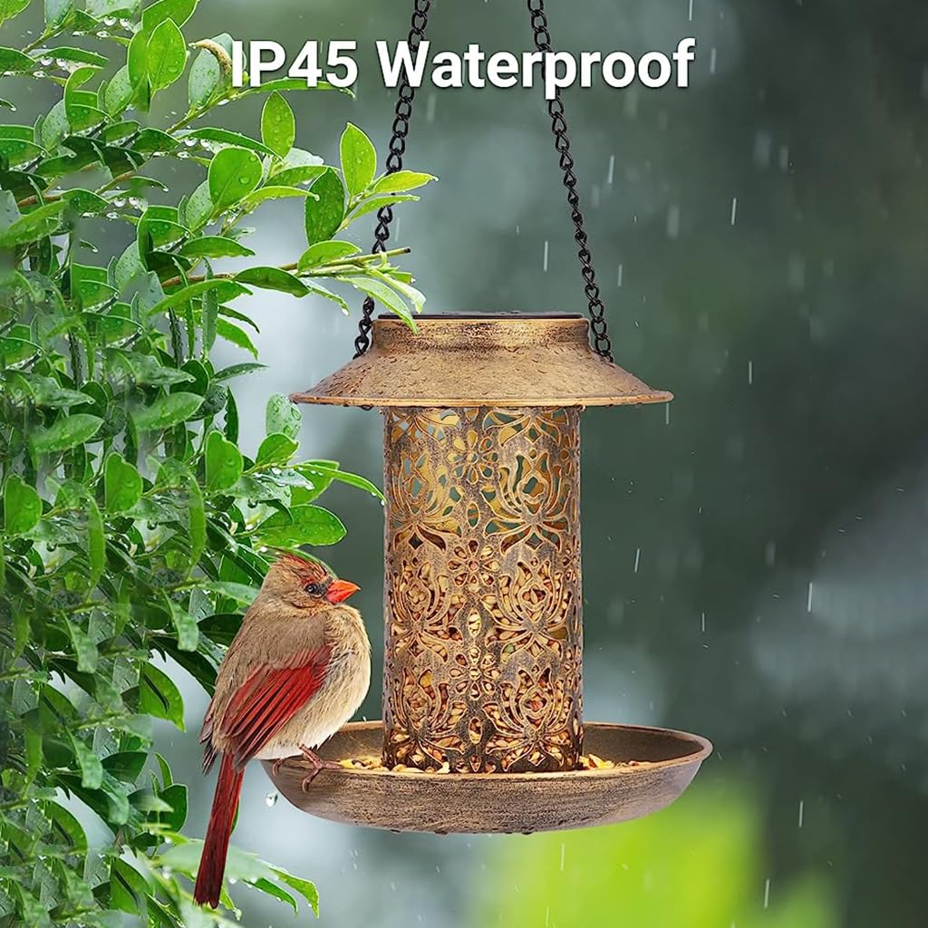 HASTHIP Solar Bird Feeder Garden Bird Feeder Lantern Outdoor Waterproof Hanging Bird Feeder Metal Hollowed Out Warm Light Bird Feeder for Garden, Patio