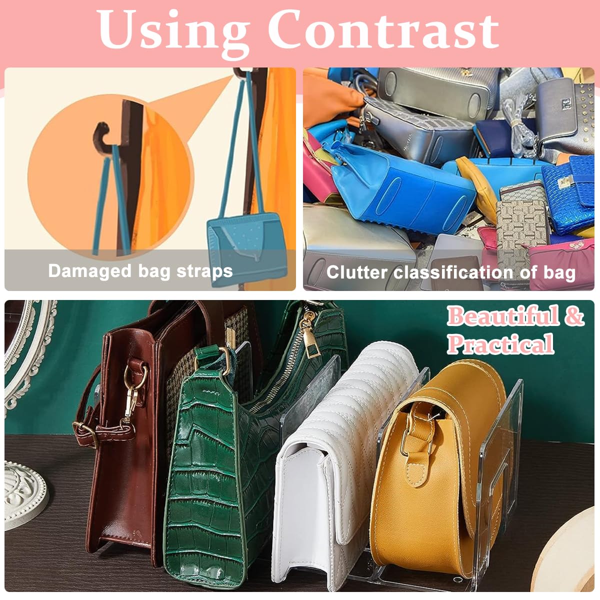 MAYCREATE 4 Sections Clear Plastic Purse Handbag Organizer, Shelf Storage for Holds Woman's Purse, Hanging Bag, Zipper Handbag, Tote, Perfect for Space Saving