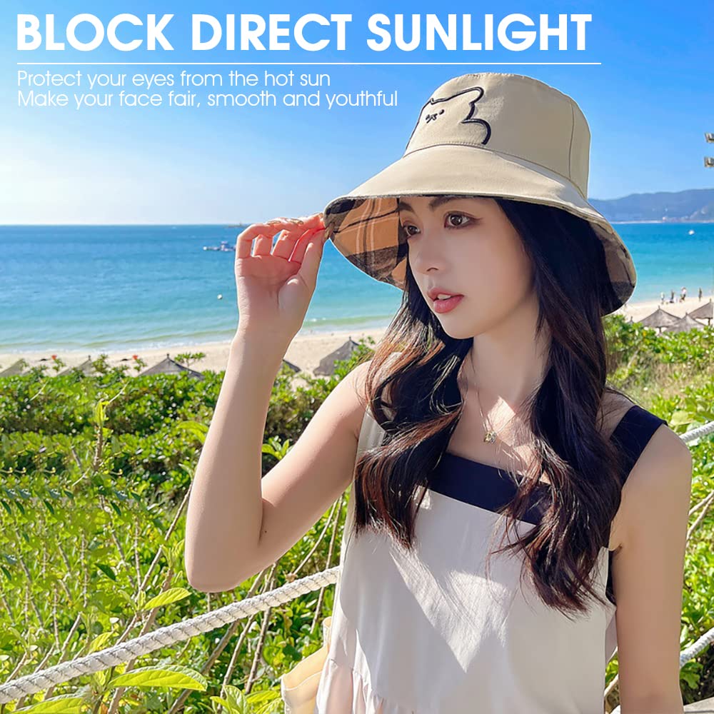 PALAY Women's Bucket Hat Print Double-Side-Wear Bucket Hat for Girls Outdoor Summer Cap Beige