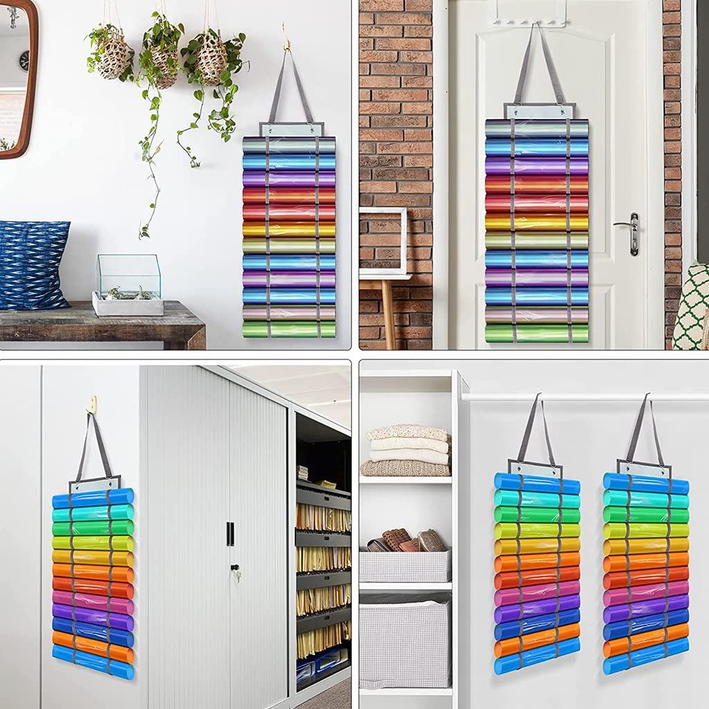 HASTHIP Vinyl Roll Holder with 12 Compartments Wall Hanging, 2 Hooks and 1 Hanging Strap, Clear Vinyl Organizers Holder Wall Mount for Home Craft Closet Wall Door, 67cmX22cm (Grey)