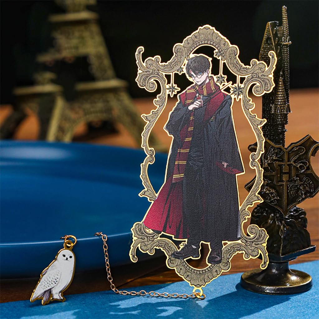 Climberty Enchanted Wizarding World-Themed Metal Bookmark with Chain & Owl Charm, Gold Finish Anime Cartoon Figure, Perfect Reader Gift for Fans & Students, Slim Design, Ideal for Book Lovers