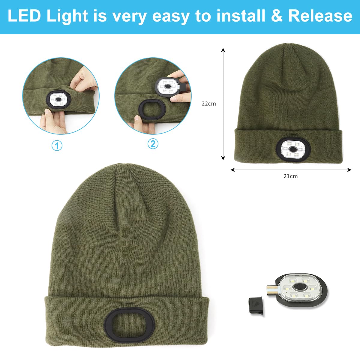 GUSTAVE Winter Cap for Men Women Illuminated Beanie Cap with Forehead Lamp USB Rechargeable Winter Soft Fleece Knitted Cap for Riding, Night Running, Green