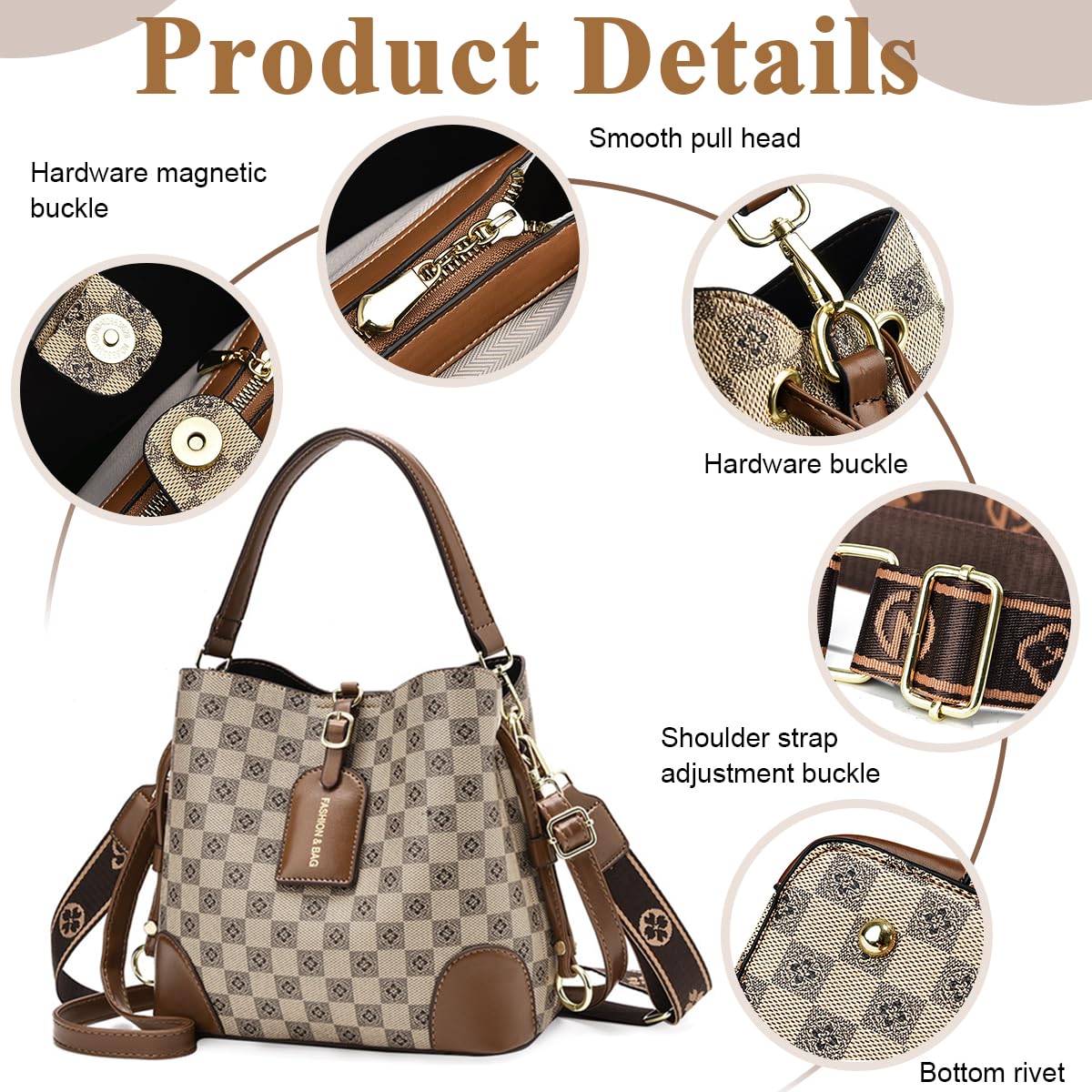 PALAY PU Bucket Bag for Women Fashion Check Pattern Bucket Bag Crossbody Bag with Detachable Shoulder Belt, Fashion Bucket Bag Daily Versatile Bucket Bag for Women