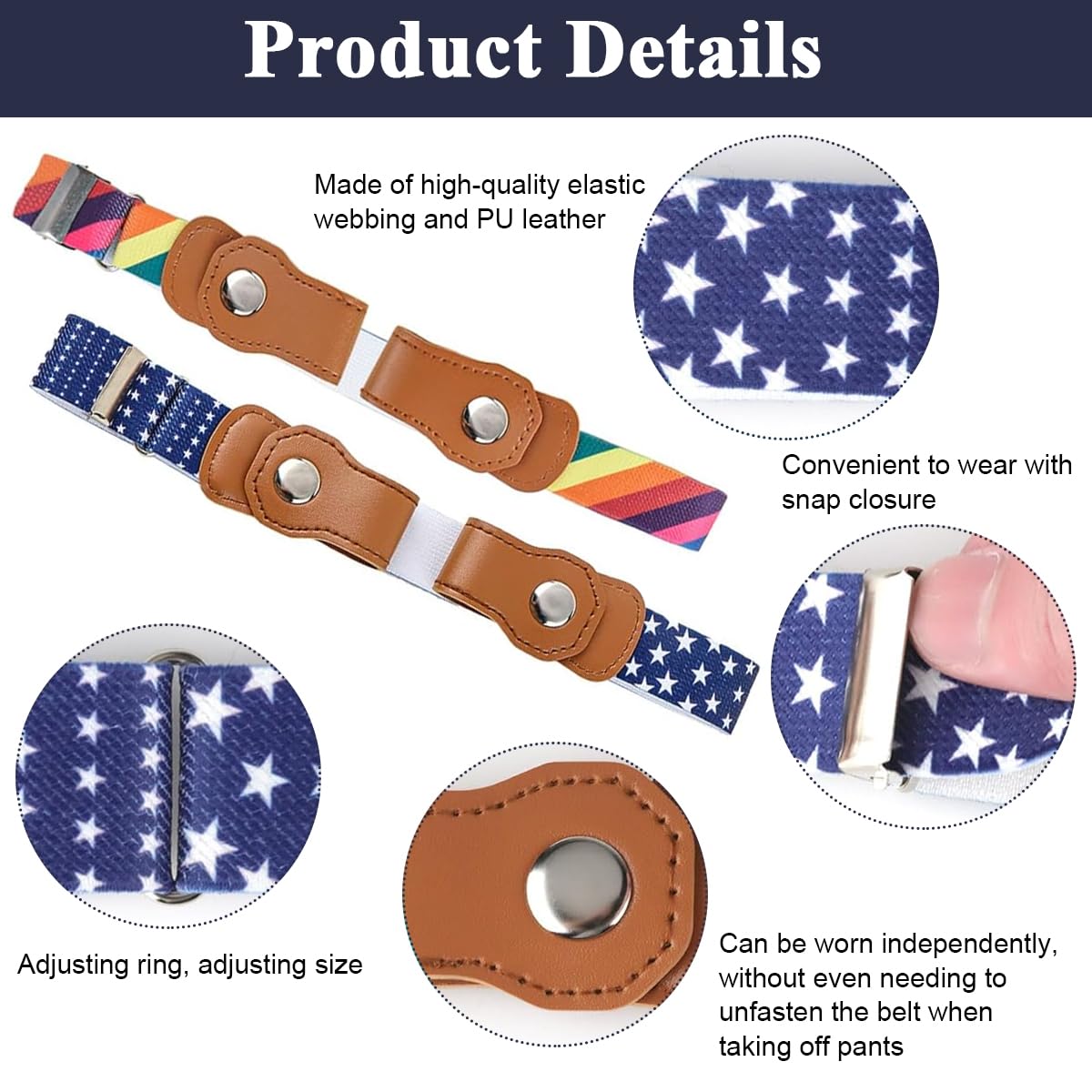 SNOWIE SOFT 2Pcs Kids Adjustable Waist Belt Buckle Free Webbing Nylon Stretchy Jeans Belt with Snap Button Closure Buckle Free Fashion Print Waist Belt for Boys and Girls