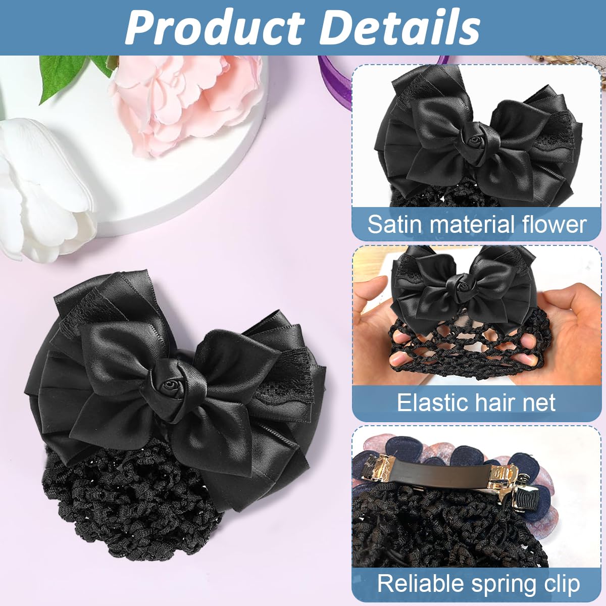 PALAY Hair Buns Clip, Bow Bun Nets Bun Maker for Hair, Lace Rose Hair Bun Accessories for Women, Spring Clip Snood Hair Net for Work or Daily, Dancer Nurse Hair Accessory