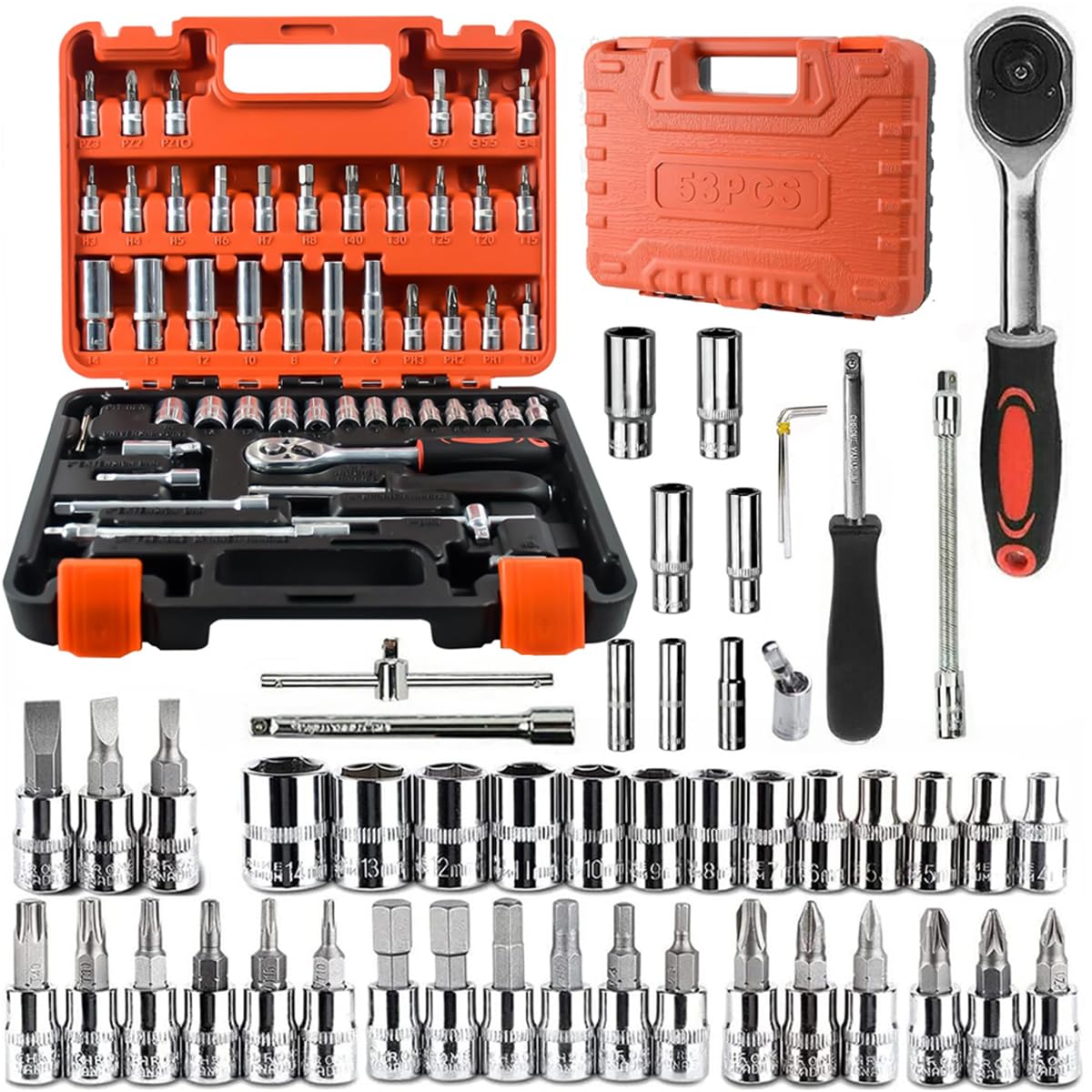 Serplex 53 Pieces 1/4 inch Drive Socket Ratchet Wrench Tool Set with Bit Socket Set Metric and Extension Bar for Auto Repairing and Household, with Storage Case
