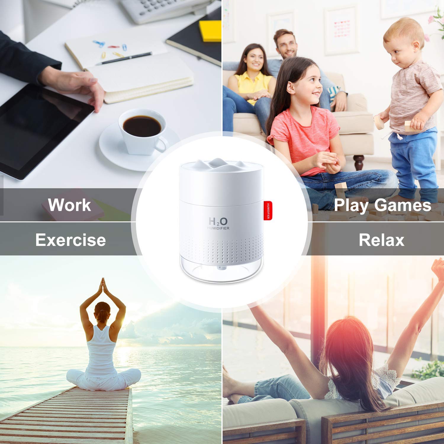 HANNEA 500ml Mini Silent Humidifier Household Car Humidifier Desktop Humidifier with Atmosphere Light Car Office Kids Room Bedroom Auto Shut-Off, 2 Spray Modes,LED (white)