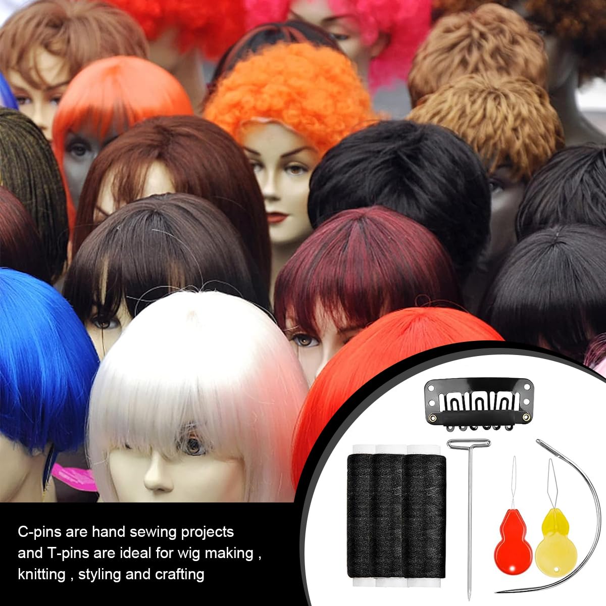 MAYCREATE Hair Extensions Clip Wig Making Set 85pcs DIY Hair Extension Tools Kit with 50 Snap Clips, 10 Curved Needles, 20 T-Pins, 3 Rolls Weaving Thread, 2 Needle Threader