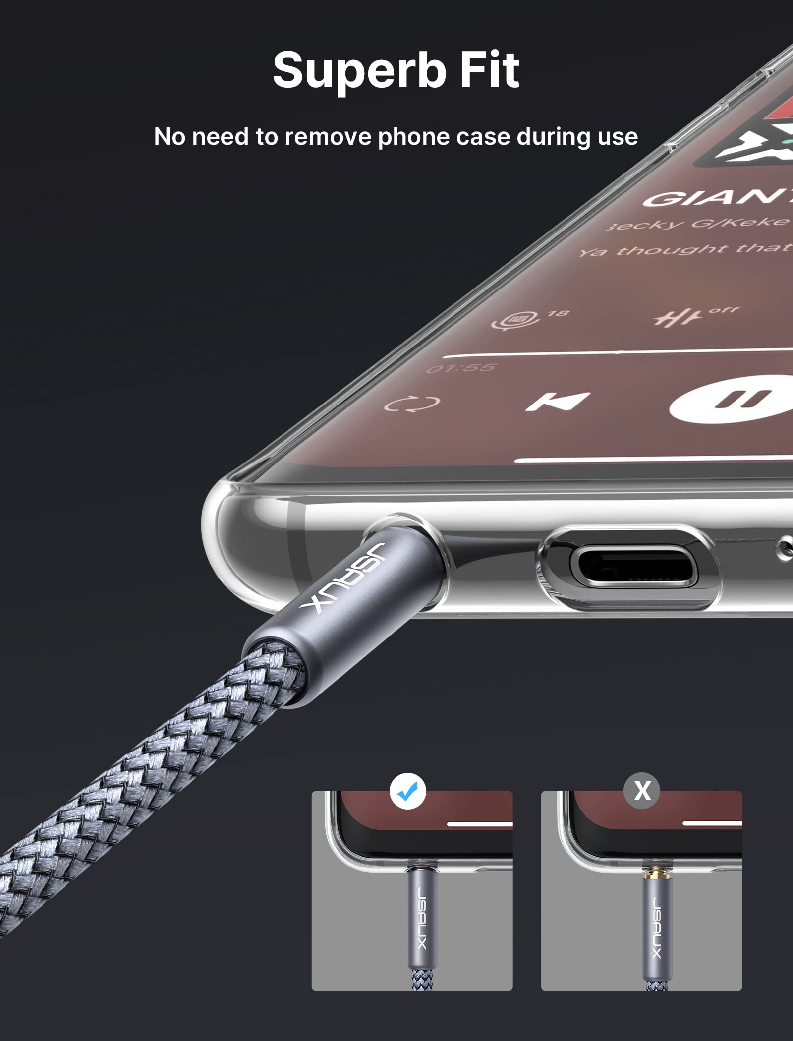 JSAUX 3.9Ft/1.2M RCA Audio Cable Nylon Braided RCA to 3.5mm Male Audio Cable, Hi-Fi Sound Y Adapter for Smartphone, MP3, Tablet, Speaker, HDTV, Gold-Plated Connector, Grey
