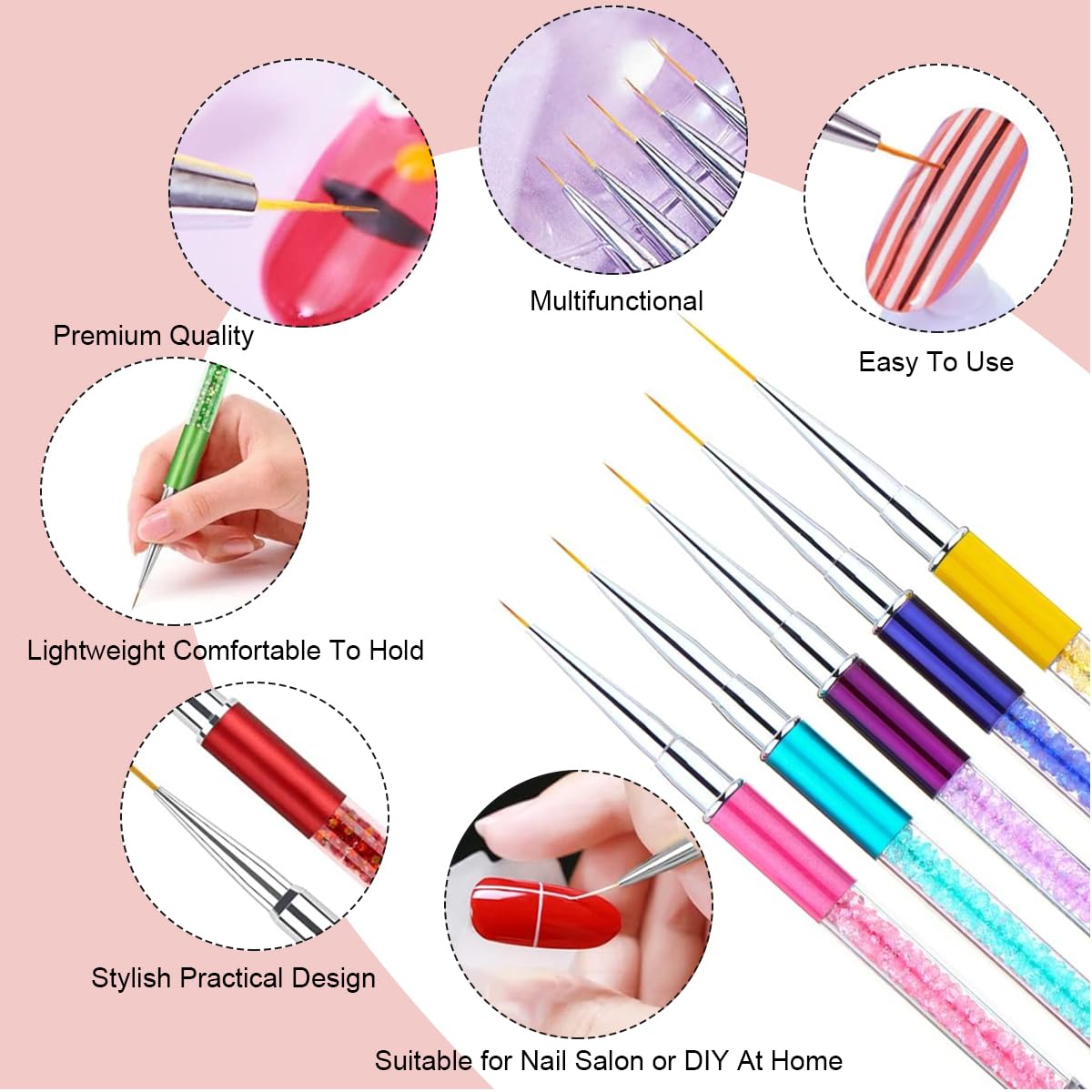 MAYCREATE 5 Pack Nail Art Brush Set, 3D Nail Liner Painting Brushes Pen DIY Dotting Drawing Manicure Tool with Rhinestone Handles, for Salon or Home Use, 7 9 11 14 19mm