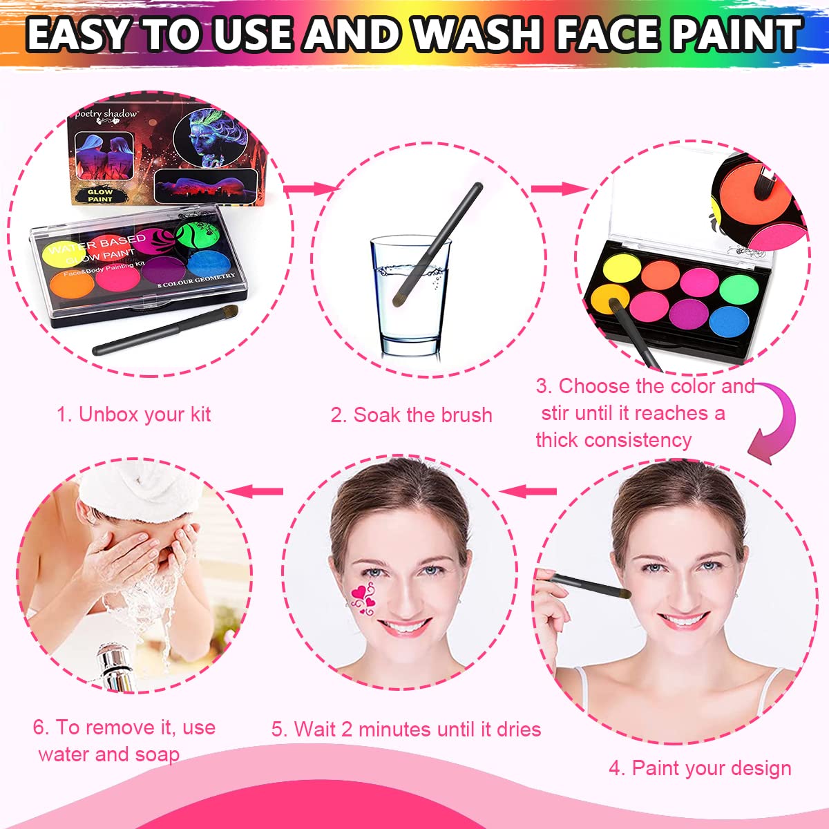 HASTHIP Face Paint Glow In The Dark Face Body Paint, 8 Neon Colors Glow In Dark Makeup Water Based Paint with Painting Brush Non-Toxic Washable for Kids Adult, Halloween Costume Masquerades
