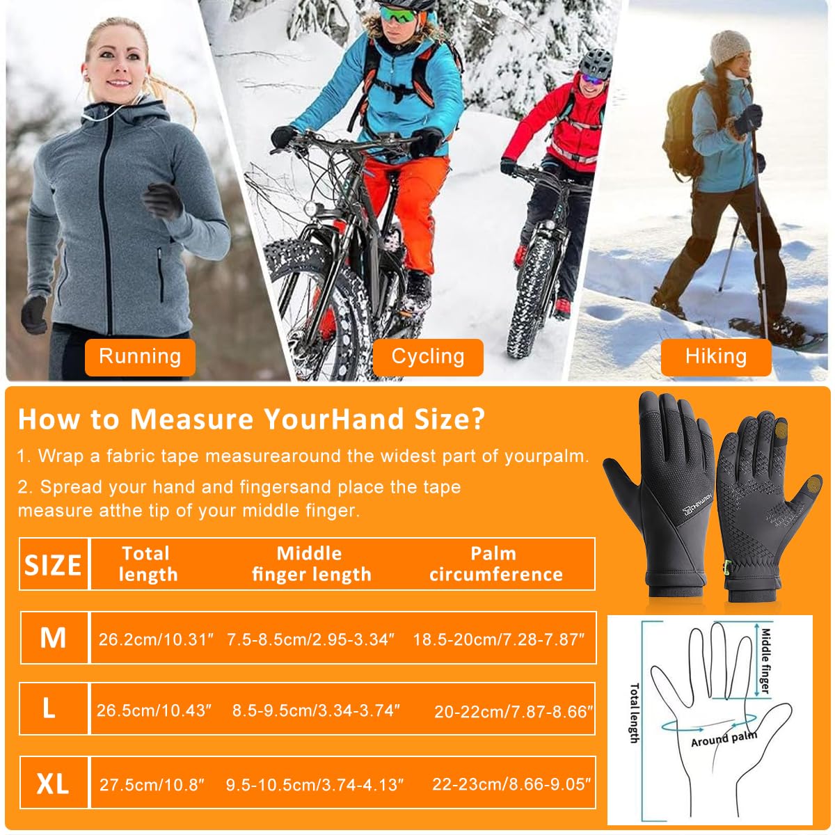 GUSTAVE Winter Riding Gloves Outdoor Thermal Gloves with Touch Screen Finger Tips Anti-slip Palm Design Winter Outdoor Fashion Hand Gloves for Cycling, Fishing, Running, XL