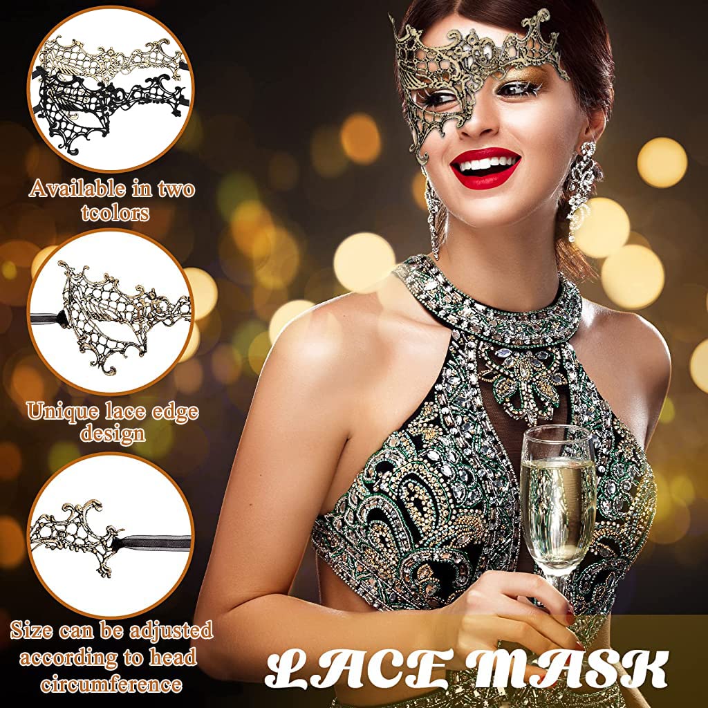 PATPAT 2Pcs Masquerade Masks Lace Eye Mask, Women Halloween Mask Lady Girl Party Mask for Party Masquerade Costume Halloween (Black & Gold)