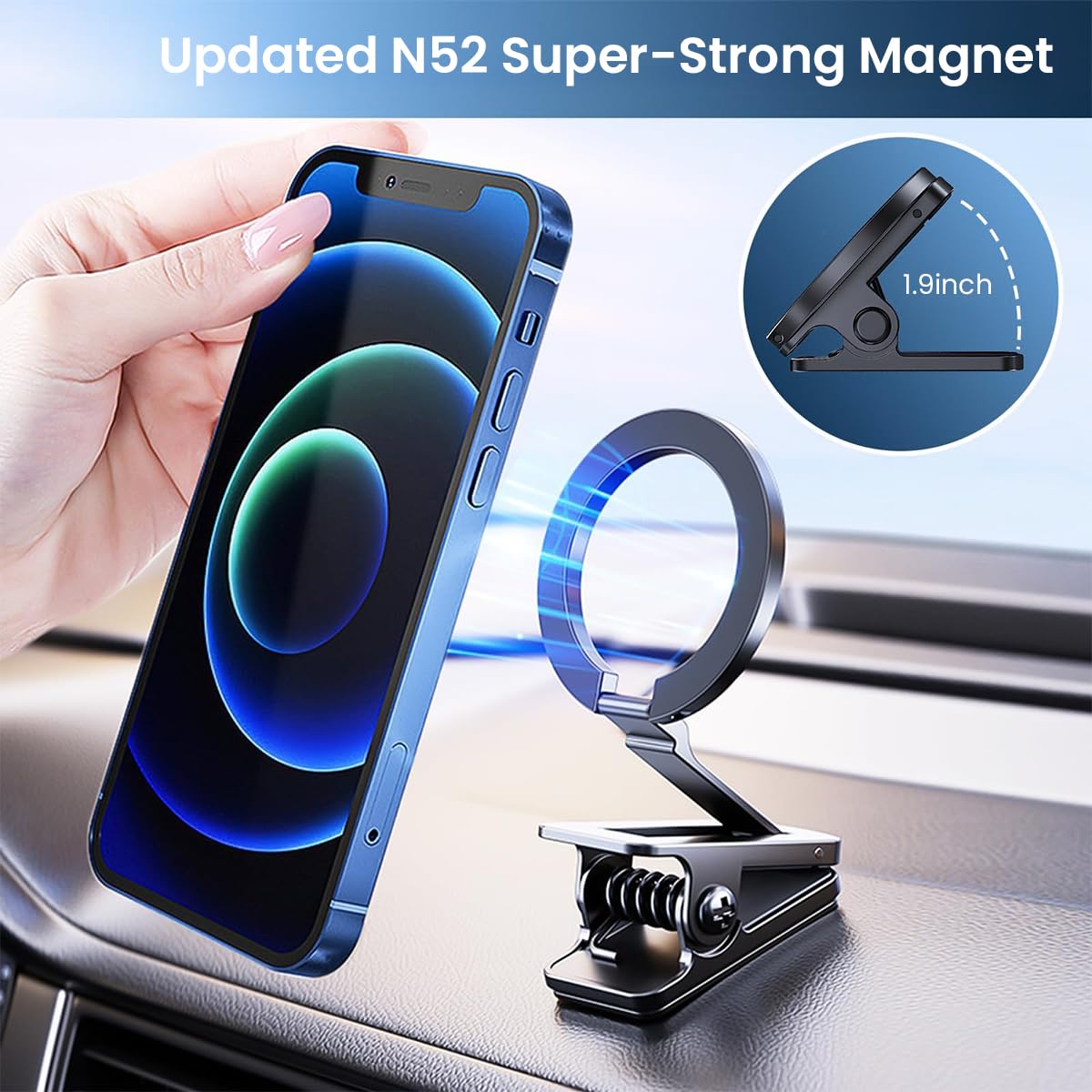 ZORBES Fits for Magsafe Car Mount, Phone Holder Clamp for Desktop, Hands Free Magnet Travel Phone Car Holder, Dash Phone Mount Car Fit for iPhone 15 14 13 12 Pro Max Mini MagSafe Cases