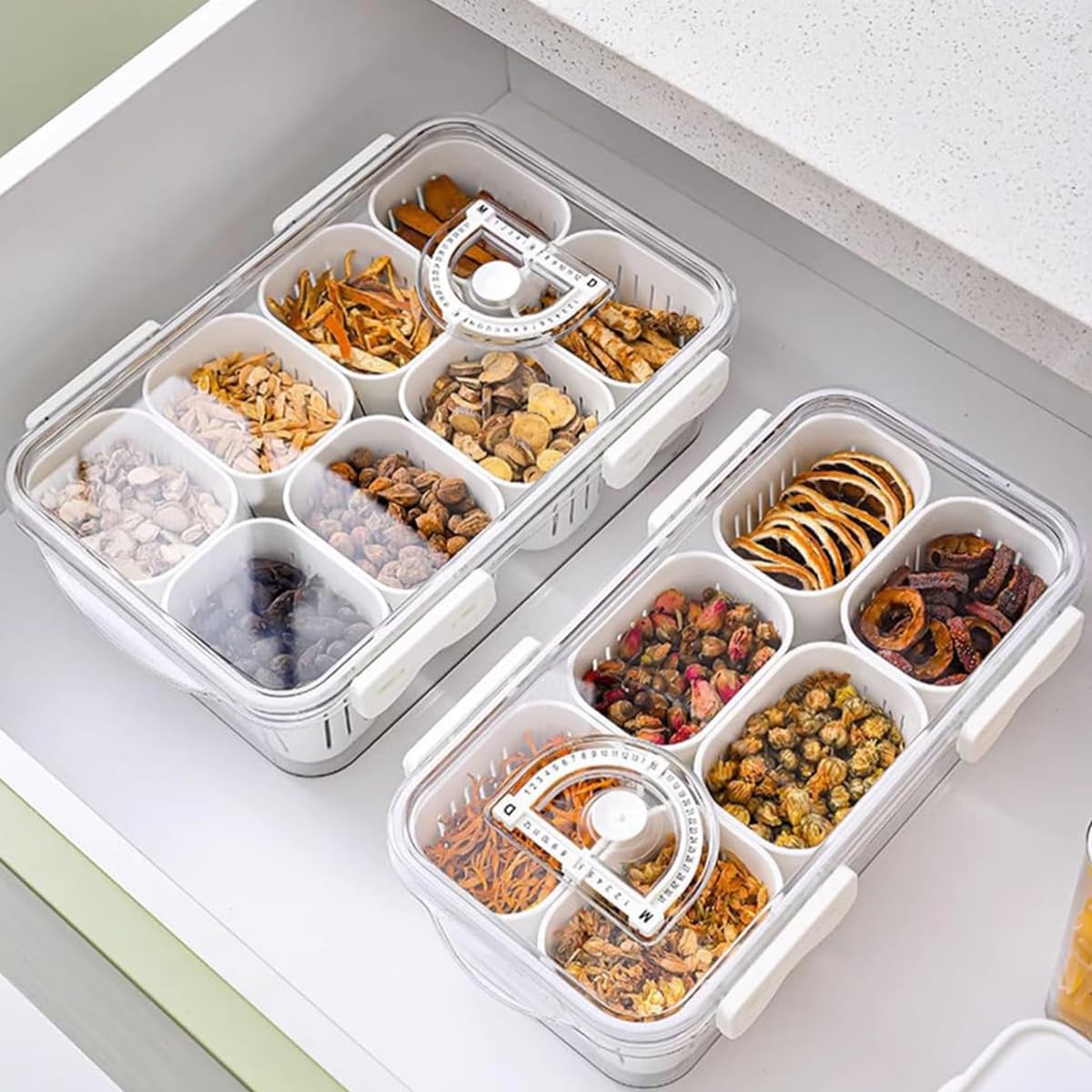 HASTHIP Refrigerator Fresh Box Frozen Berries Fresh Box with 8 Seperated Baskets Transparent Lid Design with Date Tracker Food-grade PP Food Container for Nuts, Dry Fruit, Frozen Berries