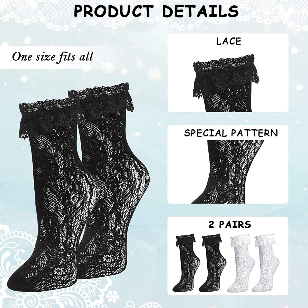 PALAY 2 Pairs Knee High Socks for Girls, Loose Lolita Lace Socks for Teen Girls Kids, Fishnet Calf-High Socks Stockings Fashion Sweet Ruffle Long Socks - Black & White Set