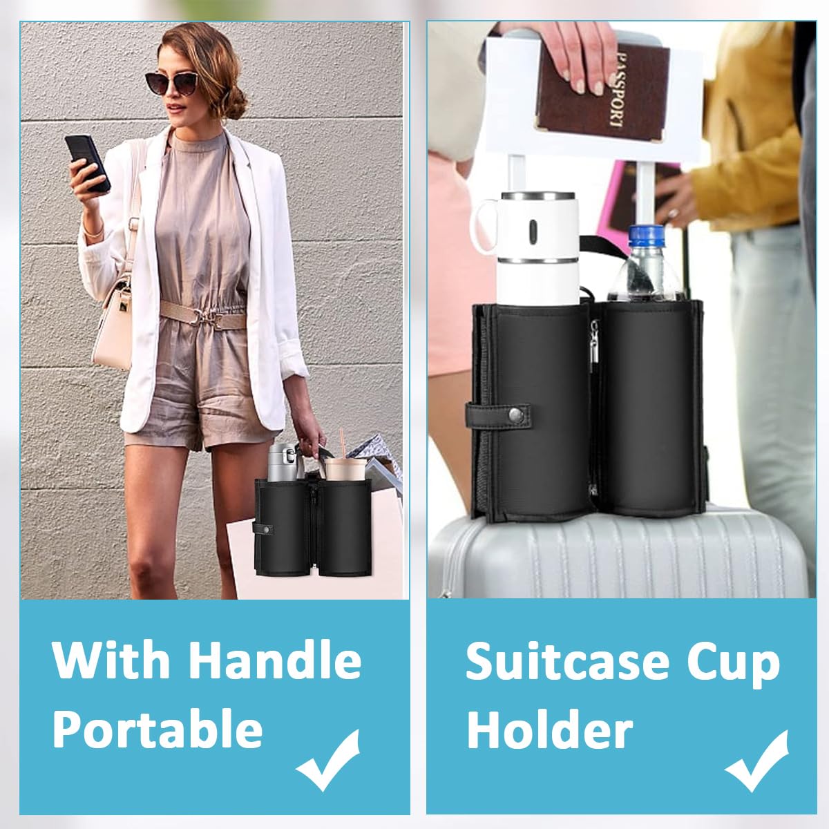 HASTHIP Travel Cup Holder for Luggage Dual Cup Oxford Cloth Coffee Cup Holder with Handle & Carabiner 2 in 1 Travel Cup Carrier Accessories Organizer Pouch for Coffee Cup, Water Bottle, Powerbank