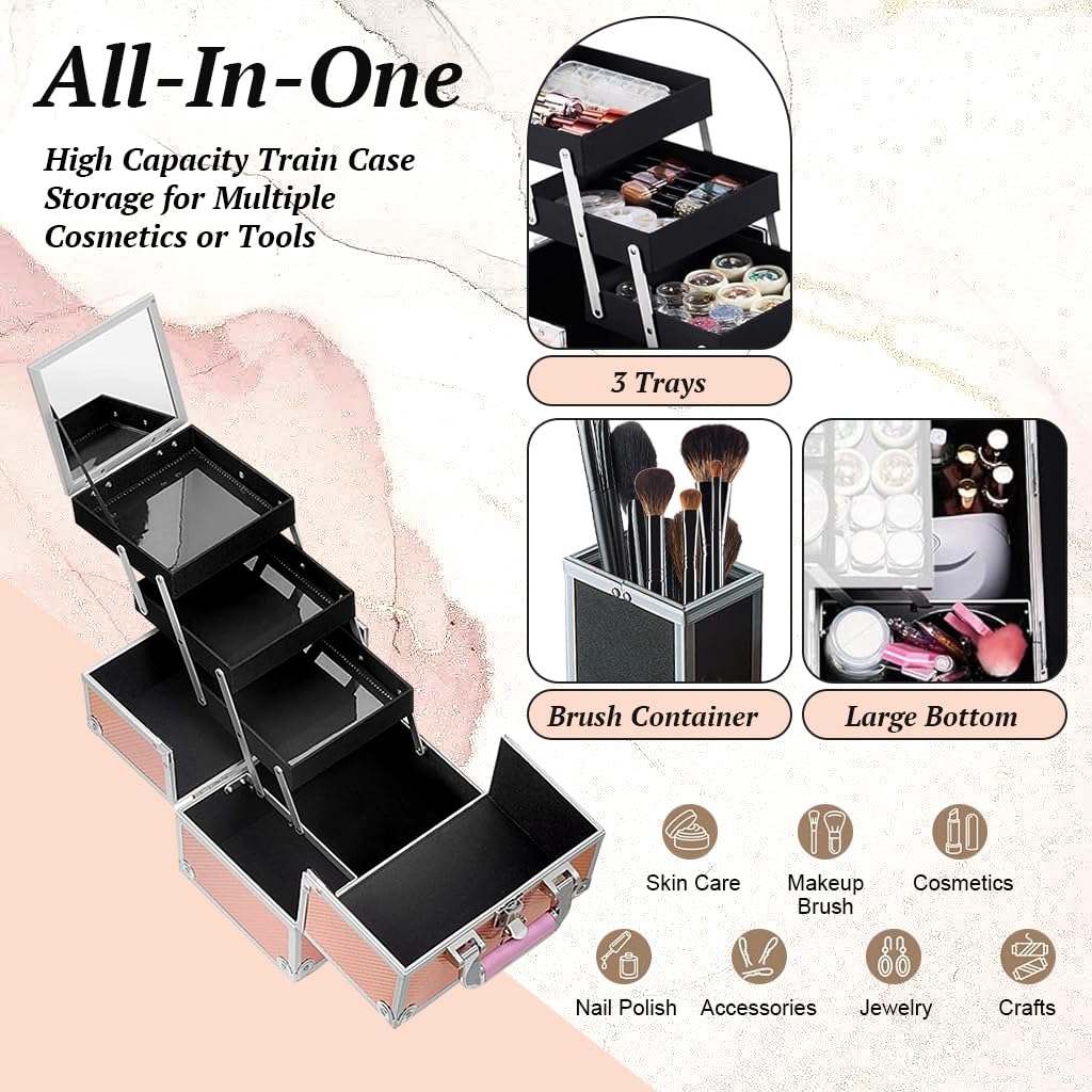 MAYCREATE Portable Makeup Organizer Suitcase Aluminum Alloy Travel Suitcase Multi Compartment Stackable Drawers Design Make-up Artist Train Case with Makeup Mirror & Makeup Brush Holder