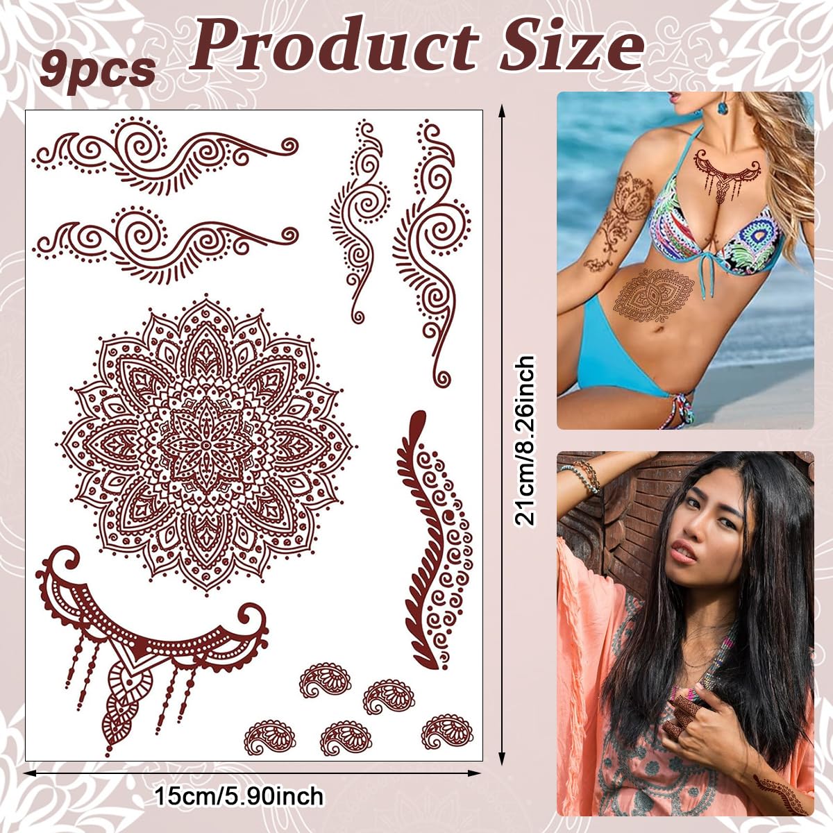 MAYCREATE Tattoo Sticker 12 Sheets Mandala Temporary Tattoo for Women Girls Brown Lotus Flower Arm Band Tattoo Waterproof Henna Tattoo Stickers for Hands, Body, Arm, Feet