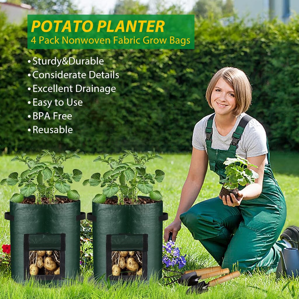 HASTHIP 4Pcs Vegetable Grow Bags Plant Pot Bags 10 Gallon Plant Grow Bags with Roll-up Side Flap & Handle Robust PE Plant Bags for Tomatoes, Peppers, Strawberries