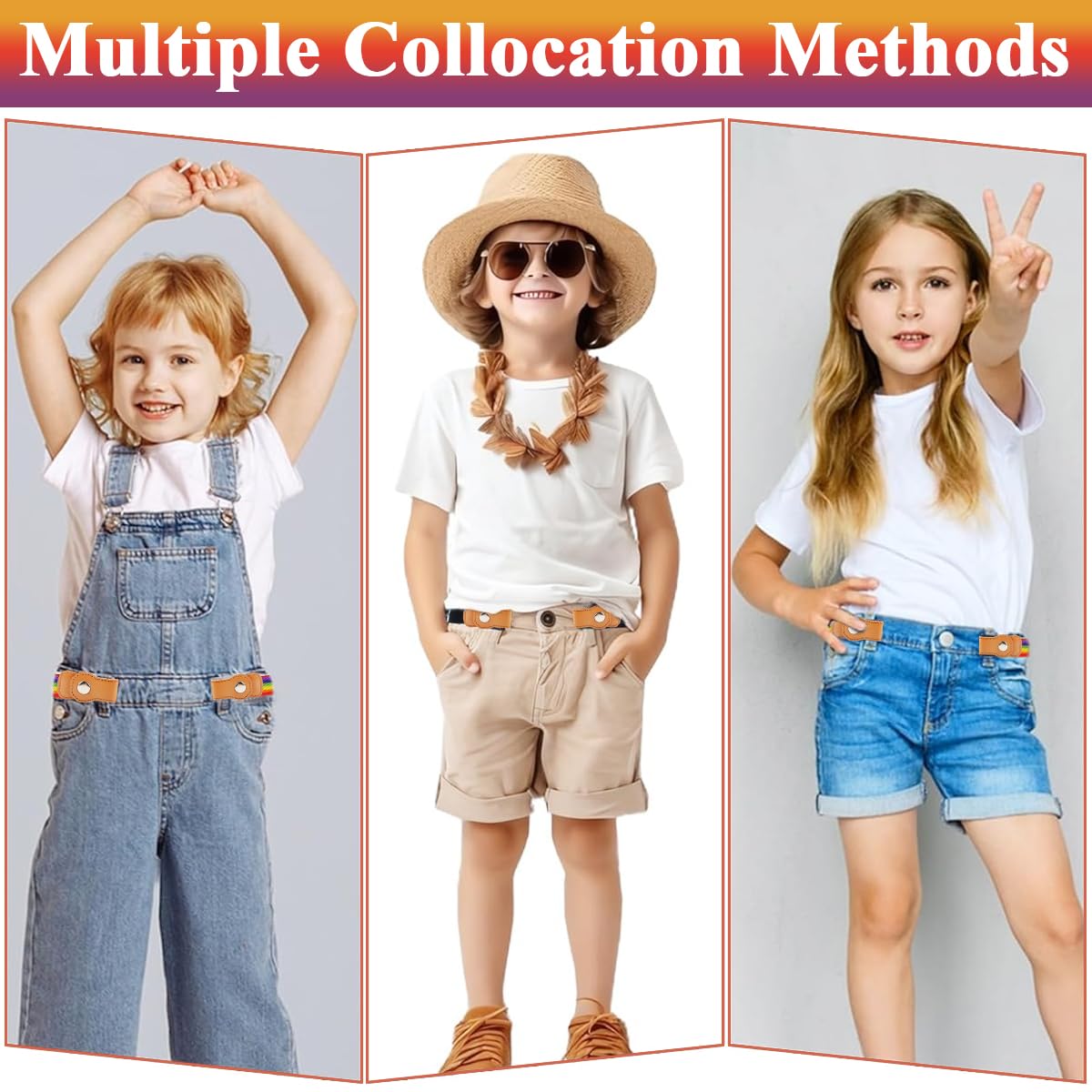 SNOWIE SOFT 2Pcs Kids Adjustable Waist Belt Buckle Free Webbing Nylon Stretchy Jeans Belt with Snap Button Closure Buckle Free Rainbow Waist Belt for Boys and Girls