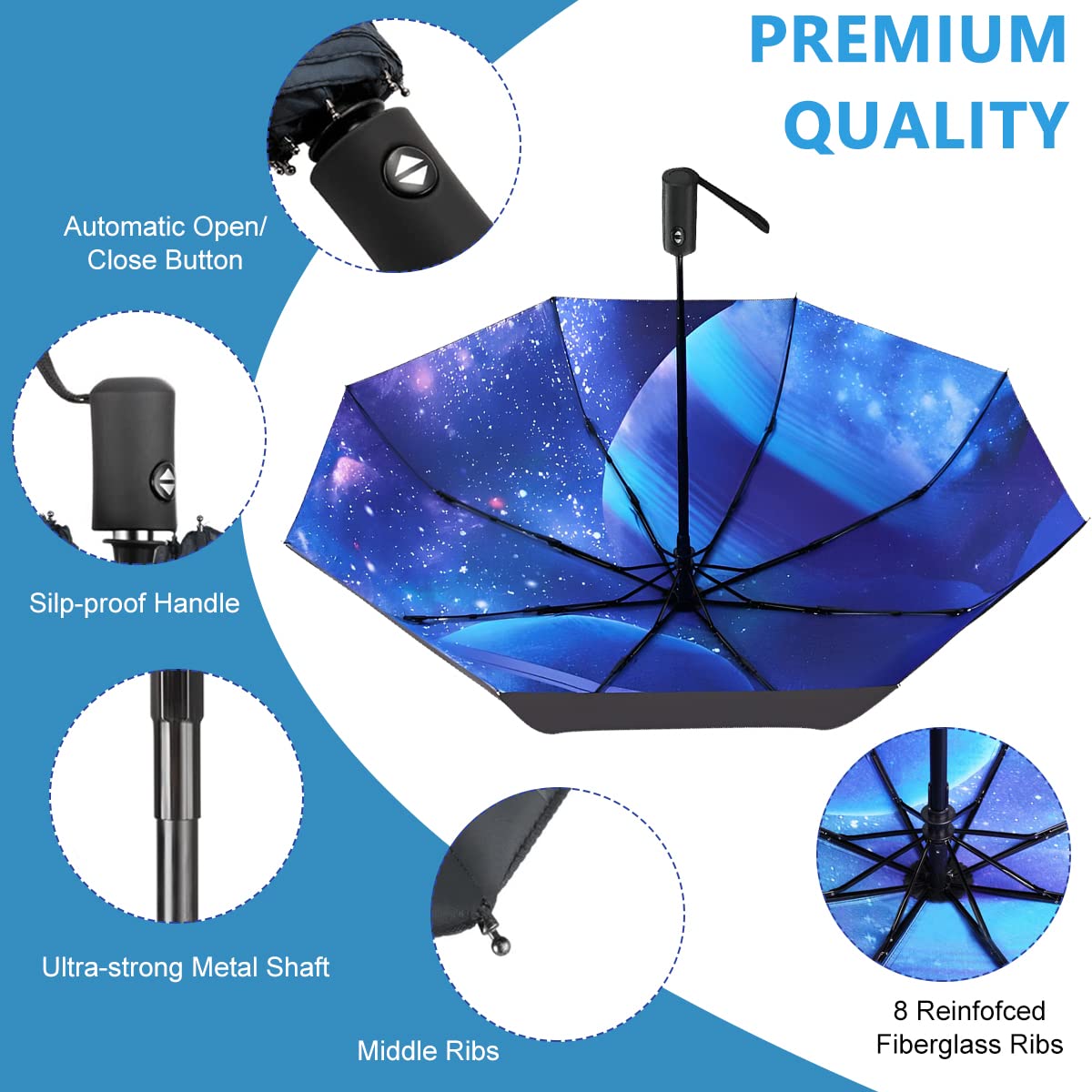 PALAY Folding Umbrella Windproof Compact Travel, Auto Open/Close Large Rain Umbrellas 8 Ribs UV Protection Umbrella for Women, Lightweight Umbrella with Polyester Coating for Travel (Starry Sky)