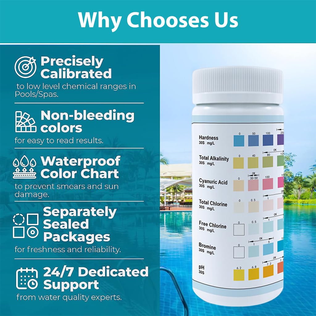 Qpets 50pcs 7 in 1 PH Pool Test Strips PH Paper 7-Way Pool and Spa Test Strips Quick Accurate Test Hardness, Total Alkalinity, Cyanuric Acid, Total Chlorine, Free Chlorine, Bromine, PH