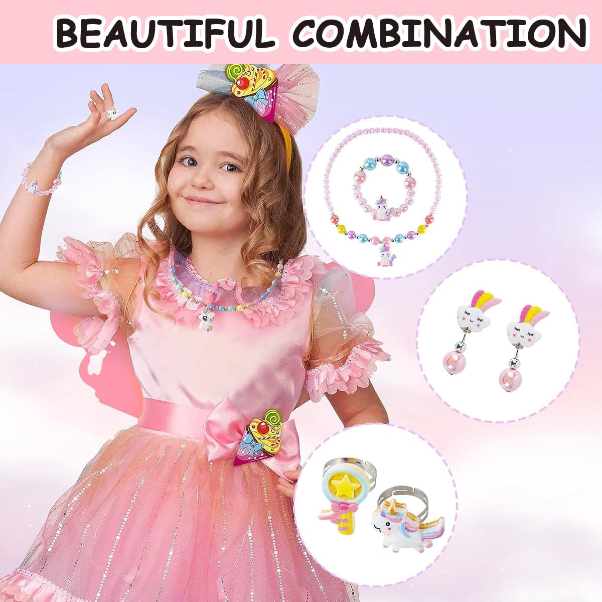 SANNIDHI Unicorn Bag with Jewelry Set for Girls, Unicorn Princess Plush Crossbody Purse Beads Necklace Bracelet Earrings Rings Set, Kids Jewellery Party Dress up Gift