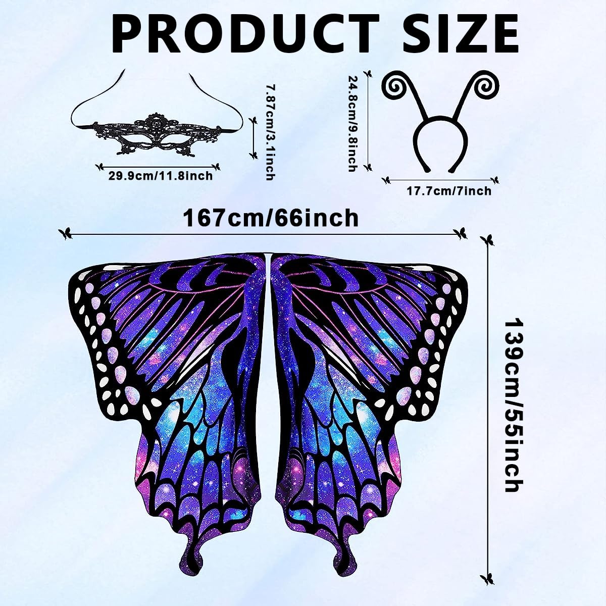 PATPAT Colorful Butterfly Wings Adult Butterfly Wings Cape for Girls Butterfly Costume with Butterfly Antenna Headband & Lace Mask Butterfly Wings Costume for Party, Halloween, Party Dress Up