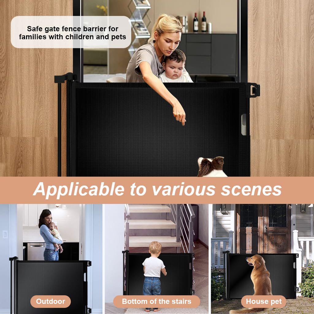 SNOWIE SOFT Retractable Baby Safety Gate Fence Gate with Lock, Buckle Door Barrier Staircase Gate Door Gate Barrier for Babies Toddler, Dog Cat Pet in Balcony, Bedroom, Living Room, 33