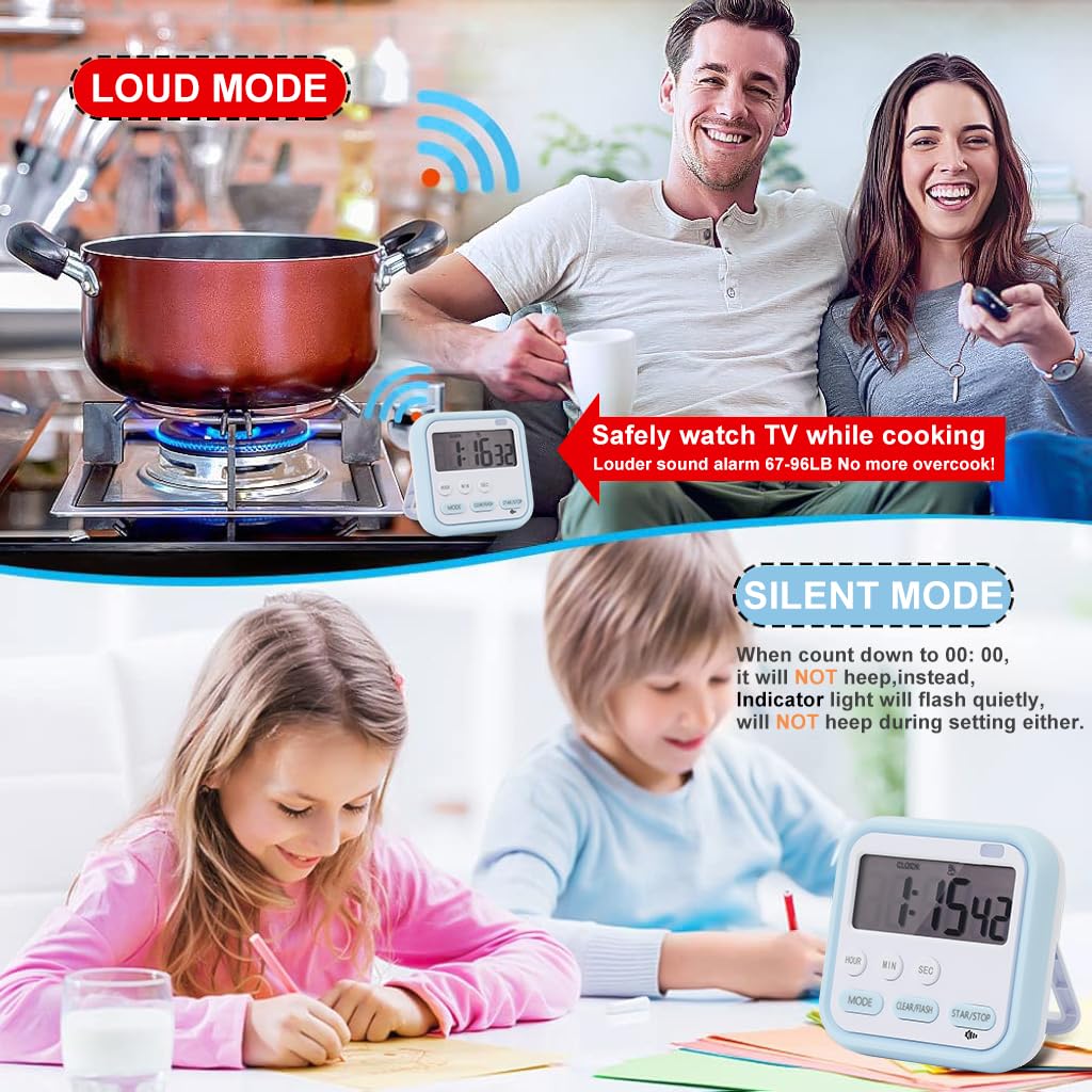 ZIBUYU LCD Digital Timer Magnetic Alarm Clock with Light 24hs Countdown Timer Time Reminder Baking Timer with Magnetic Folding Bracket Battery Powered Timer for Kitchen, Study, Cooking, 5.4x7cm