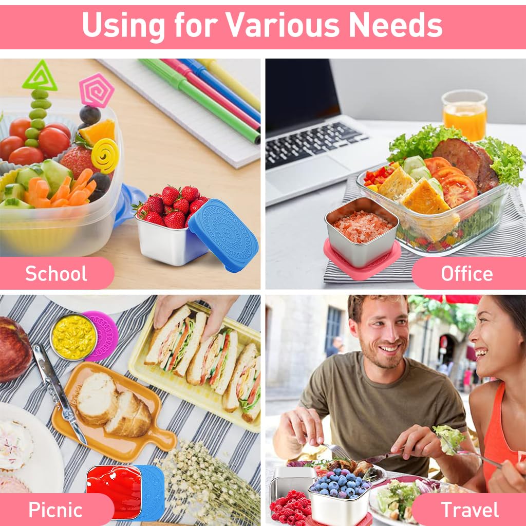 HASTHIP 2pcs Ketchup Cups 180ML Stainless Steel Sauce Cups with Silicone Lid Leakproof Salad Dressing Container Snack Container Ketchup Cups for Lunch Bento Box, Picnic, Travel