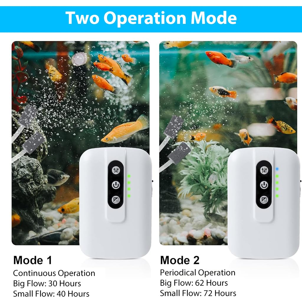 Qpets Portable Oxygen Pump Cordless Aquarium Air Pump Continuous/Intermittent Fishing Air Pump Dual Pipe Aquarium Air Pump Air Stone and Pipe Included USB Rechargeable Aquarium Air Pump