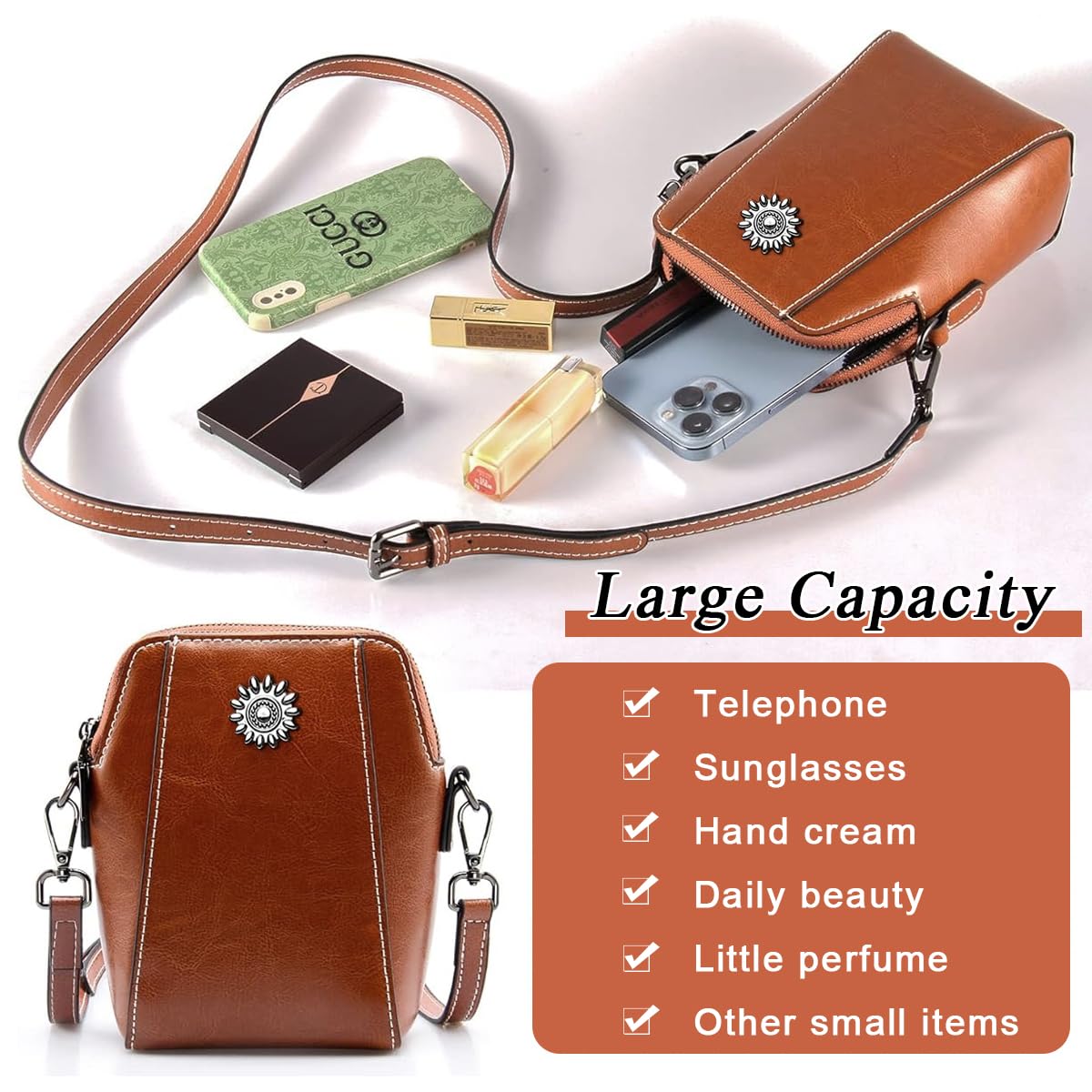 PALAY Small Women Crossbody Phone Bag Vintage Brown PU Leather Shoulder Bag Fashion Women Small Sling Bag Phone Pouch Purse Bag