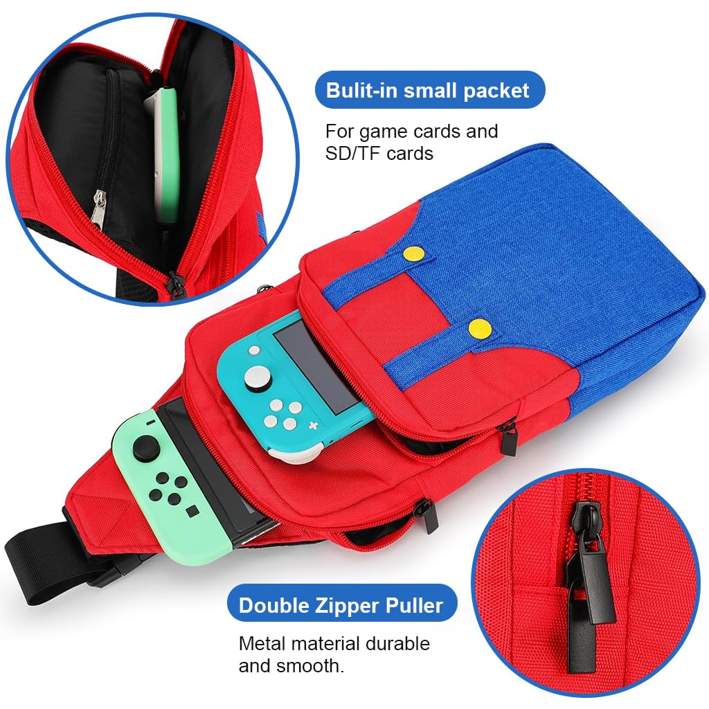 ZIBUYU Cute Travel Bag for Nintendo Switch/Lite/OLED/Steam Deck, Cartoon Mario Bag Accessory Bag, Portable Waterproof Backpack Switch Backpack Large Capacity Carrying Crossbody Shoulder Chest Gaming Bag Case